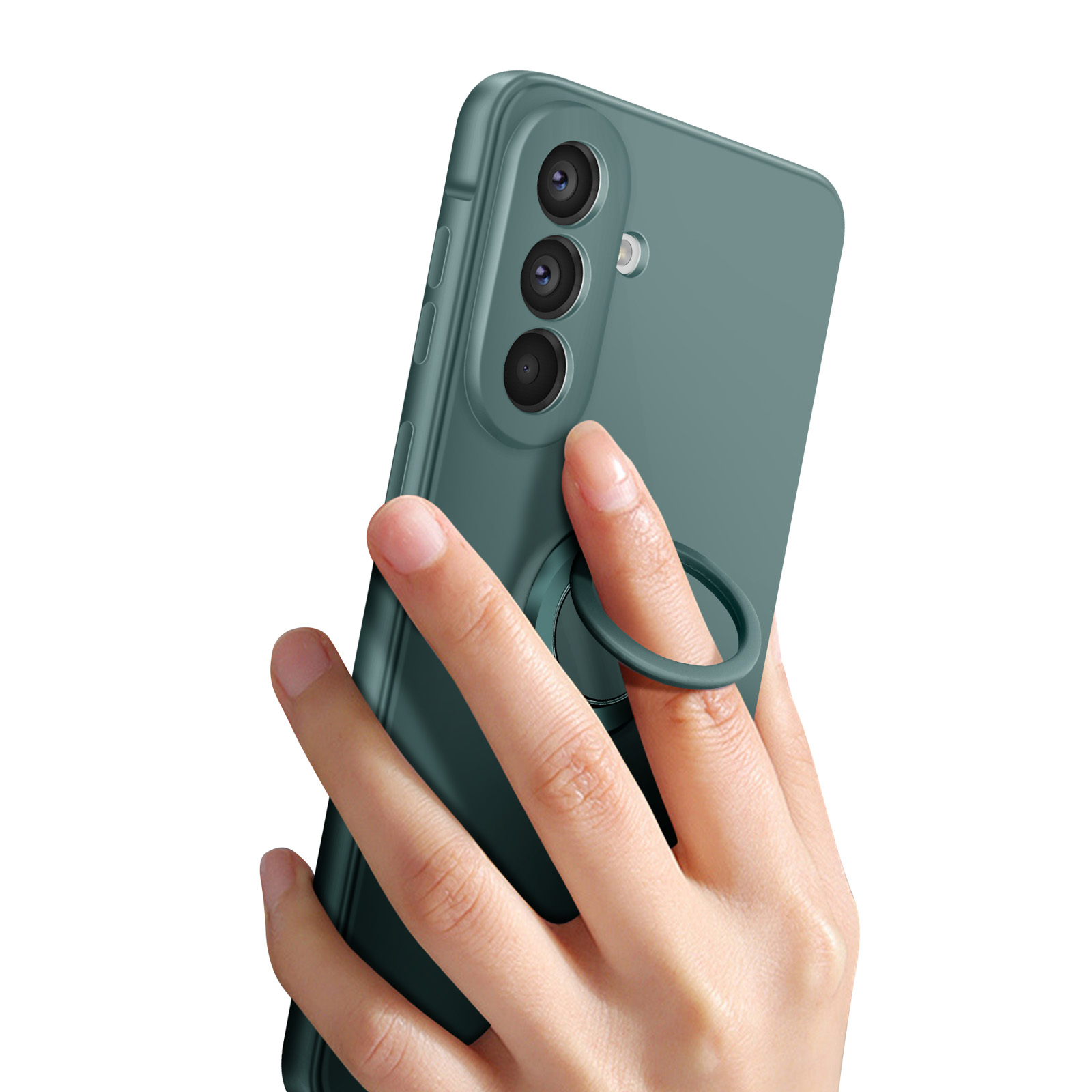 Een hand houdt een donkergroene telefoon vast met drie camera's en een ringhouder.