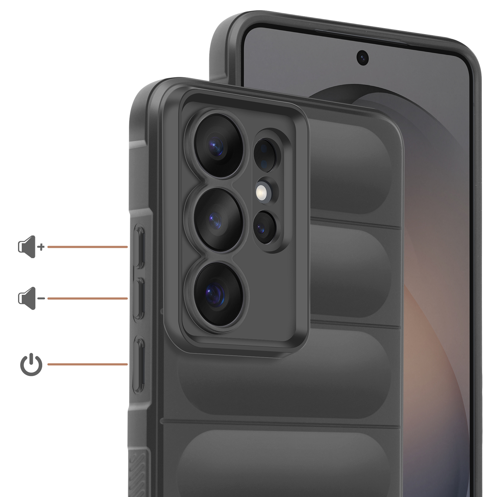Grijze telefoon met camera-array en volume-/aan-uitknoppen.