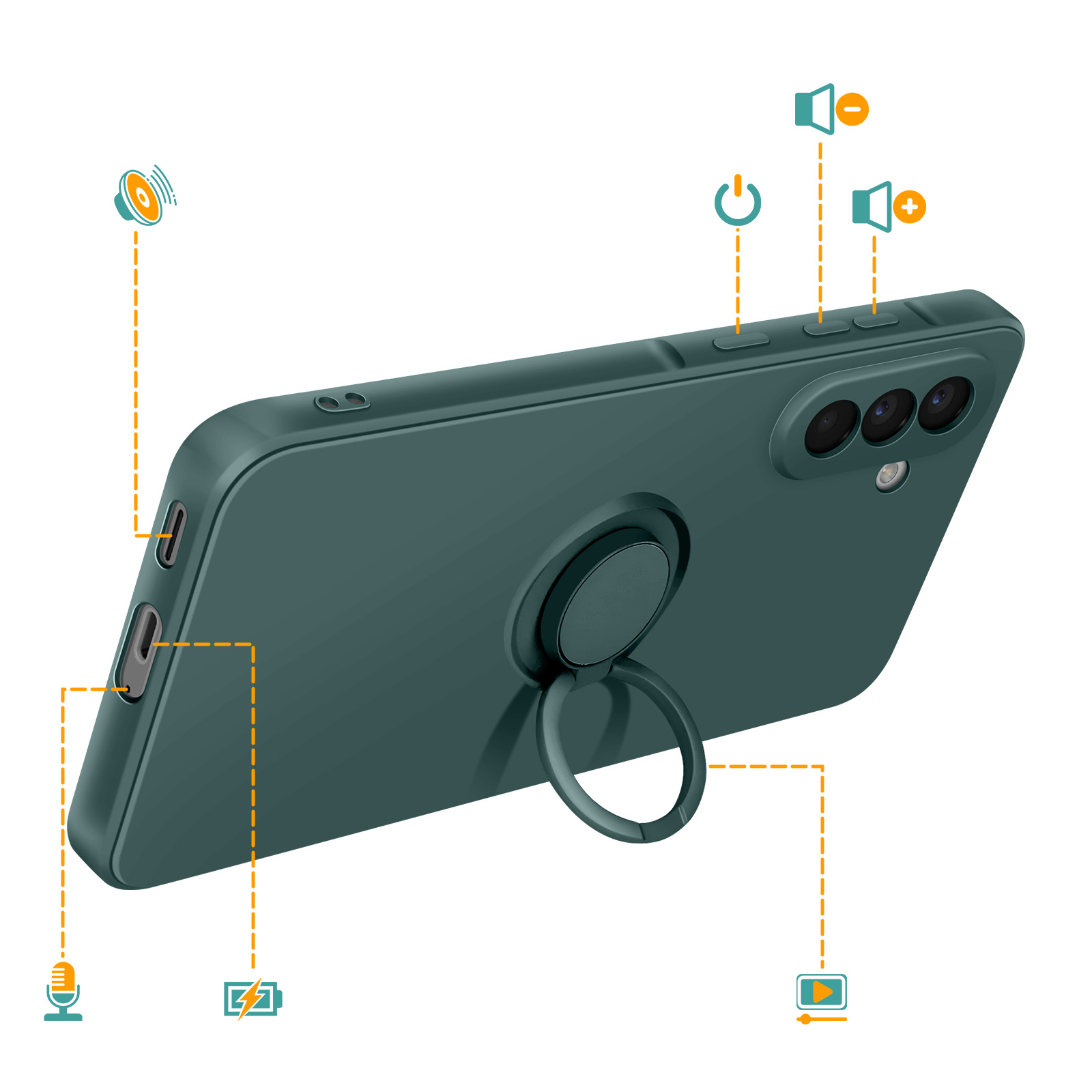 Donkergroene telefoon met ringhouder, camera en iconen voor volume, microfoon en oplaadpoort.