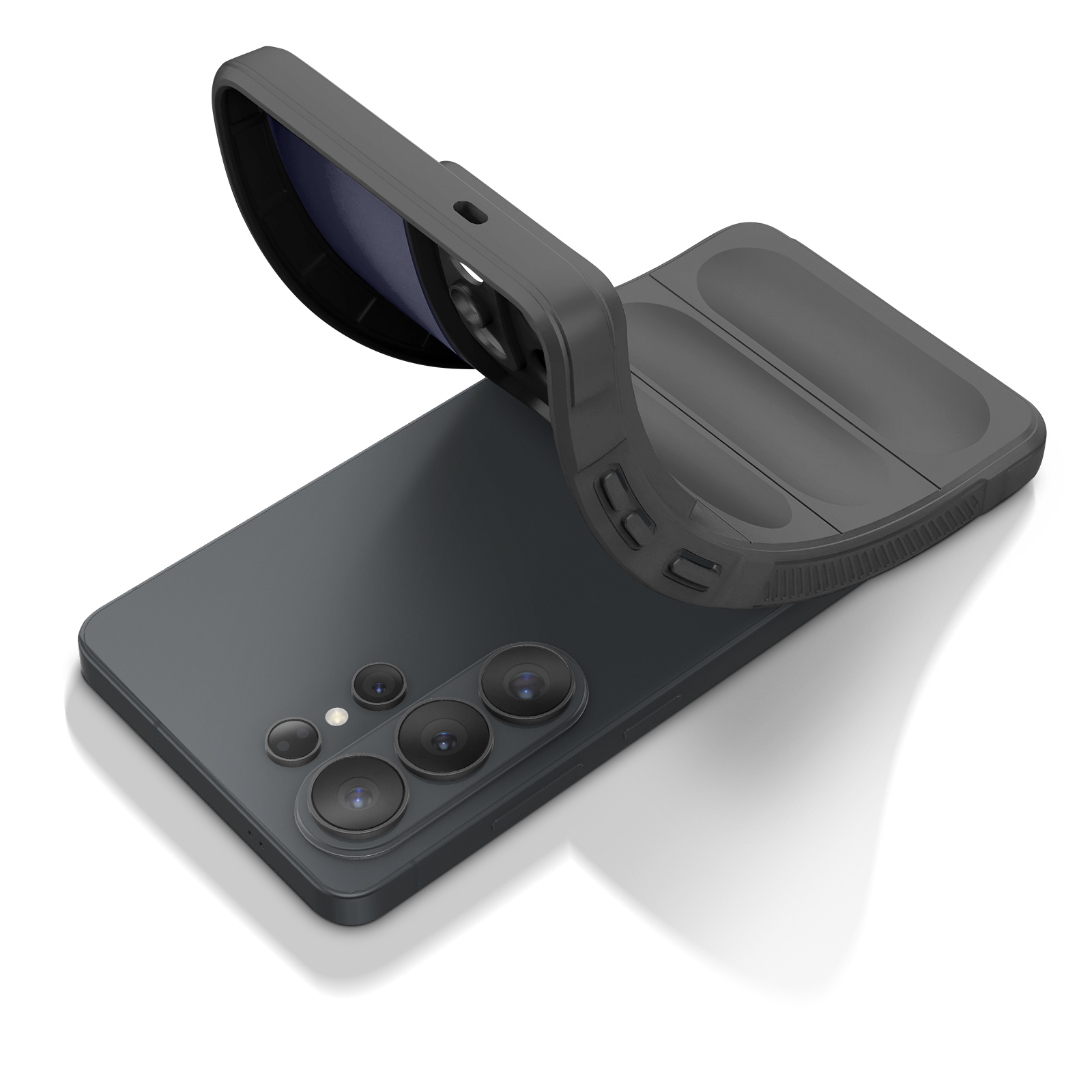 Een donkere smartphone met vier camera's en een open hoesje op witte achtergrond.