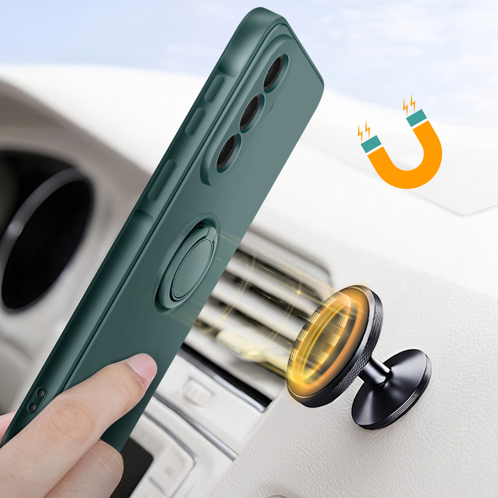 Een groene telefoonhoes wordt magnetisch bevestigd aan een autohouder.