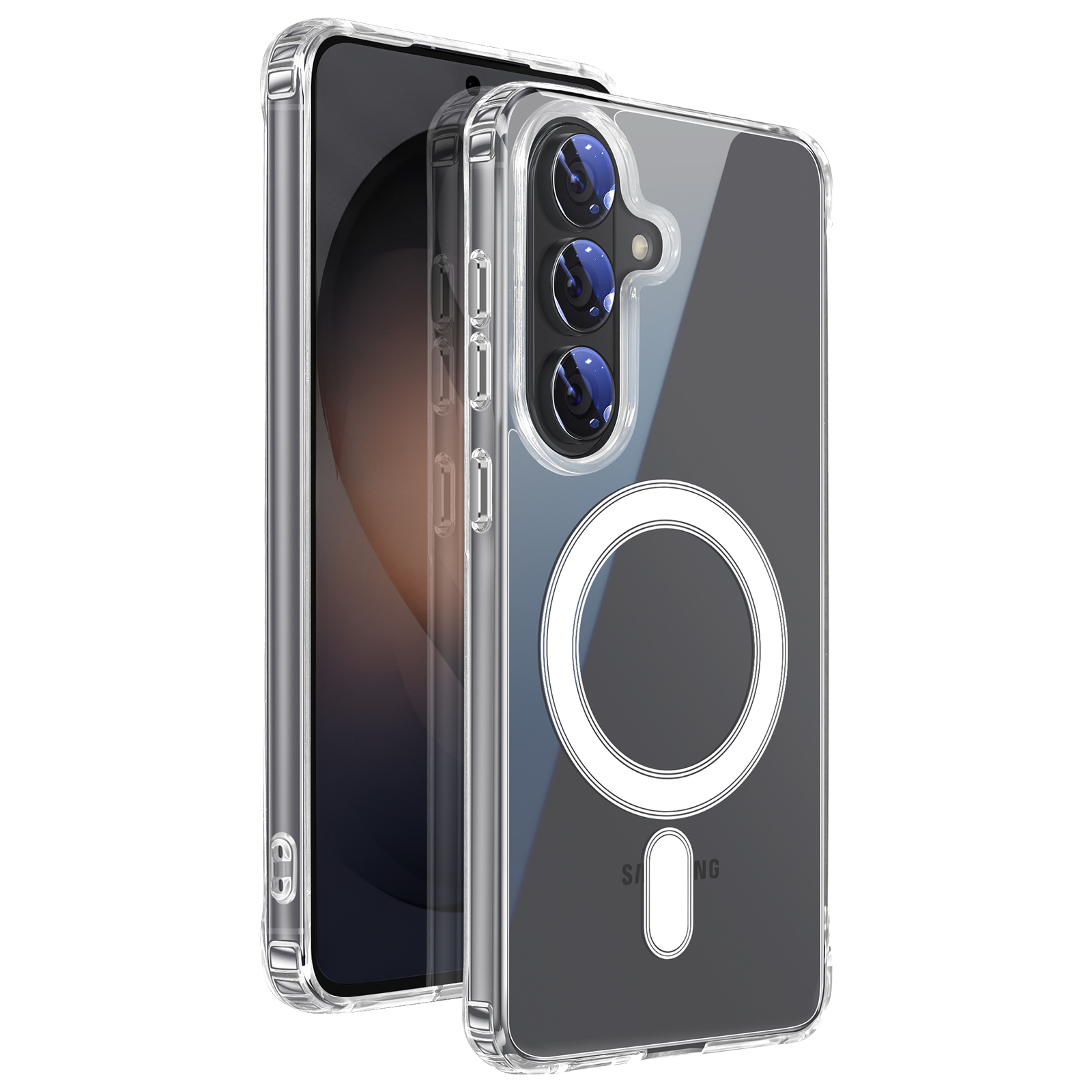 Een doorzichtige telefoonhoes met magnetische ring en cameramodule.