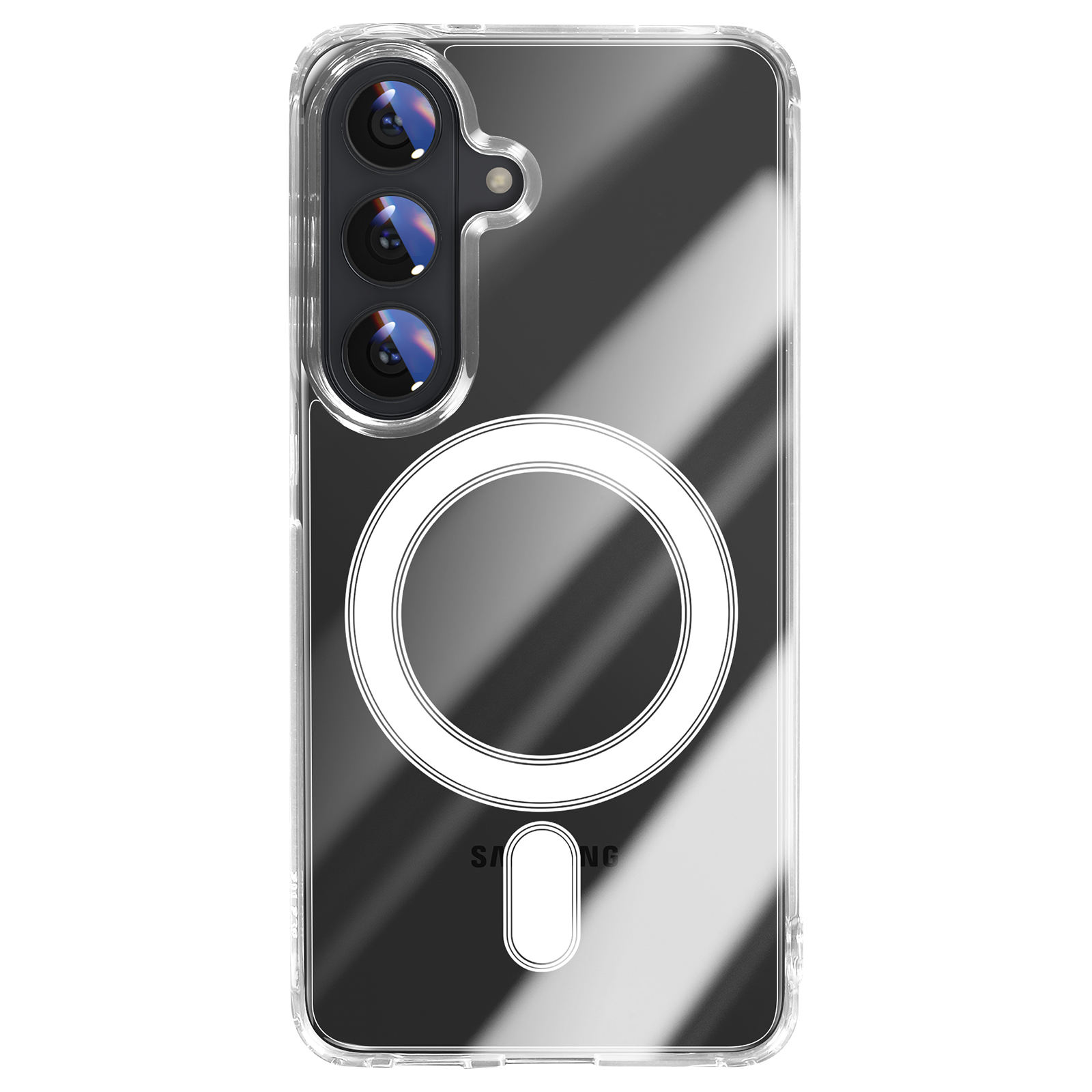 Transparante telefoonhoes met drie camera's en witte ring.