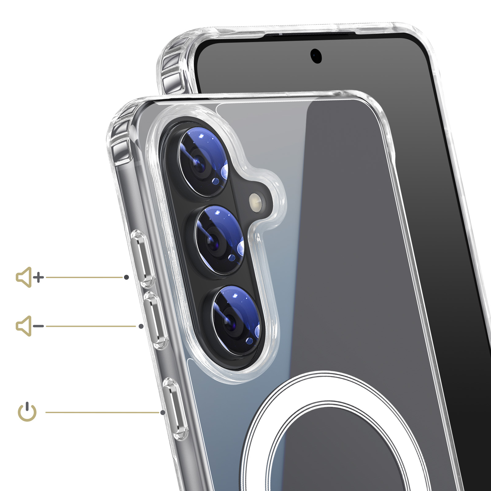 Een doorzichtige telefoonhoes met drie cameralenssen en zijknopjes.