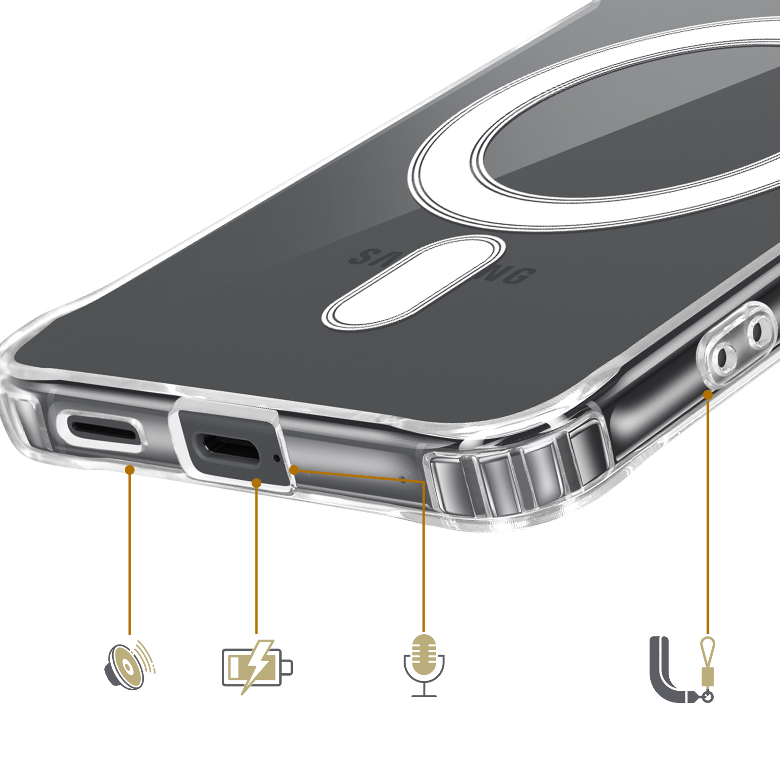 Doorzichtige telefoonhoes met pictogrammen voor luidspreker, batterij, microfoon.