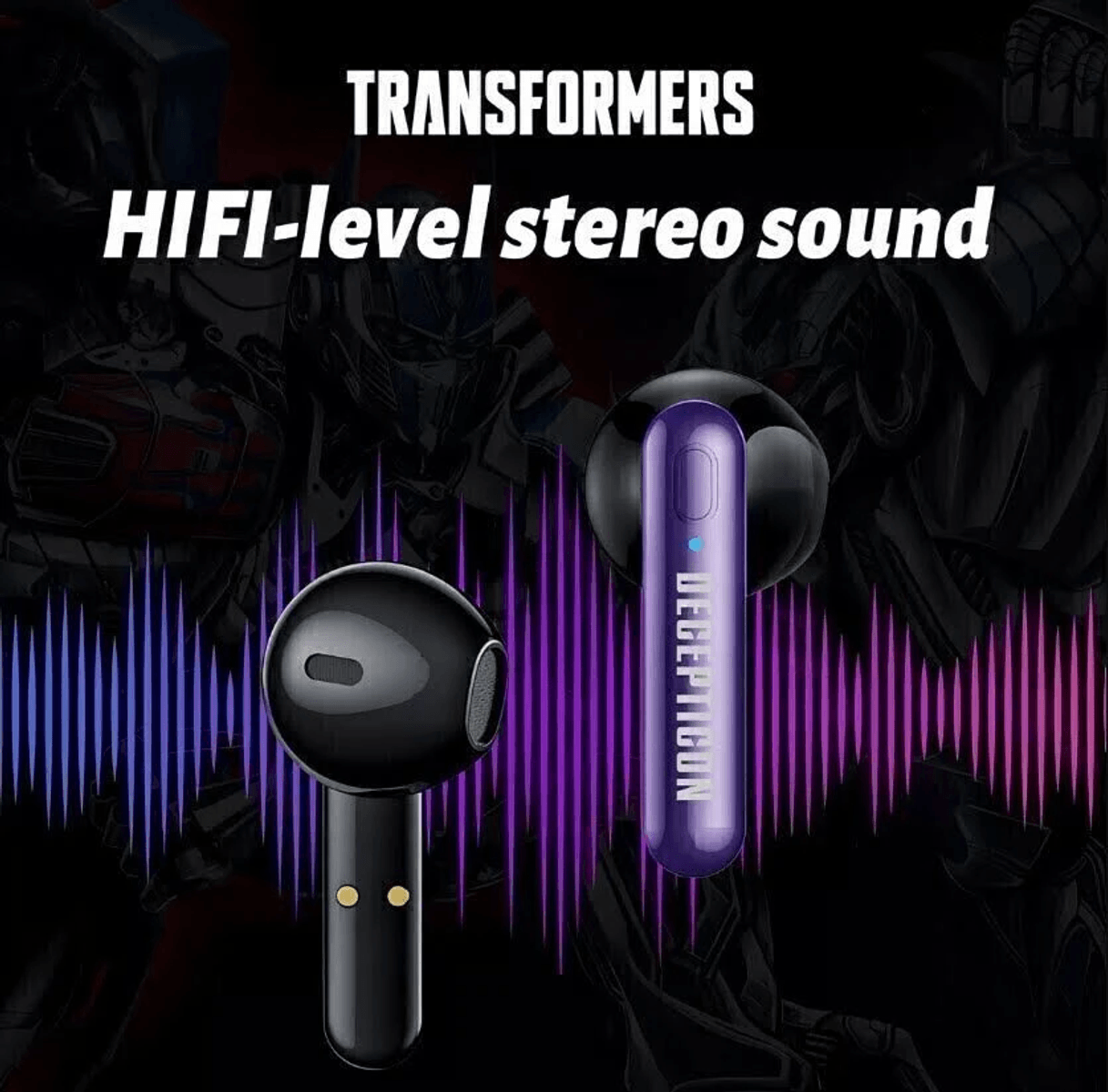 Dos auriculares de Transformers con ondas sonoras púrpuras y azules, con texto.