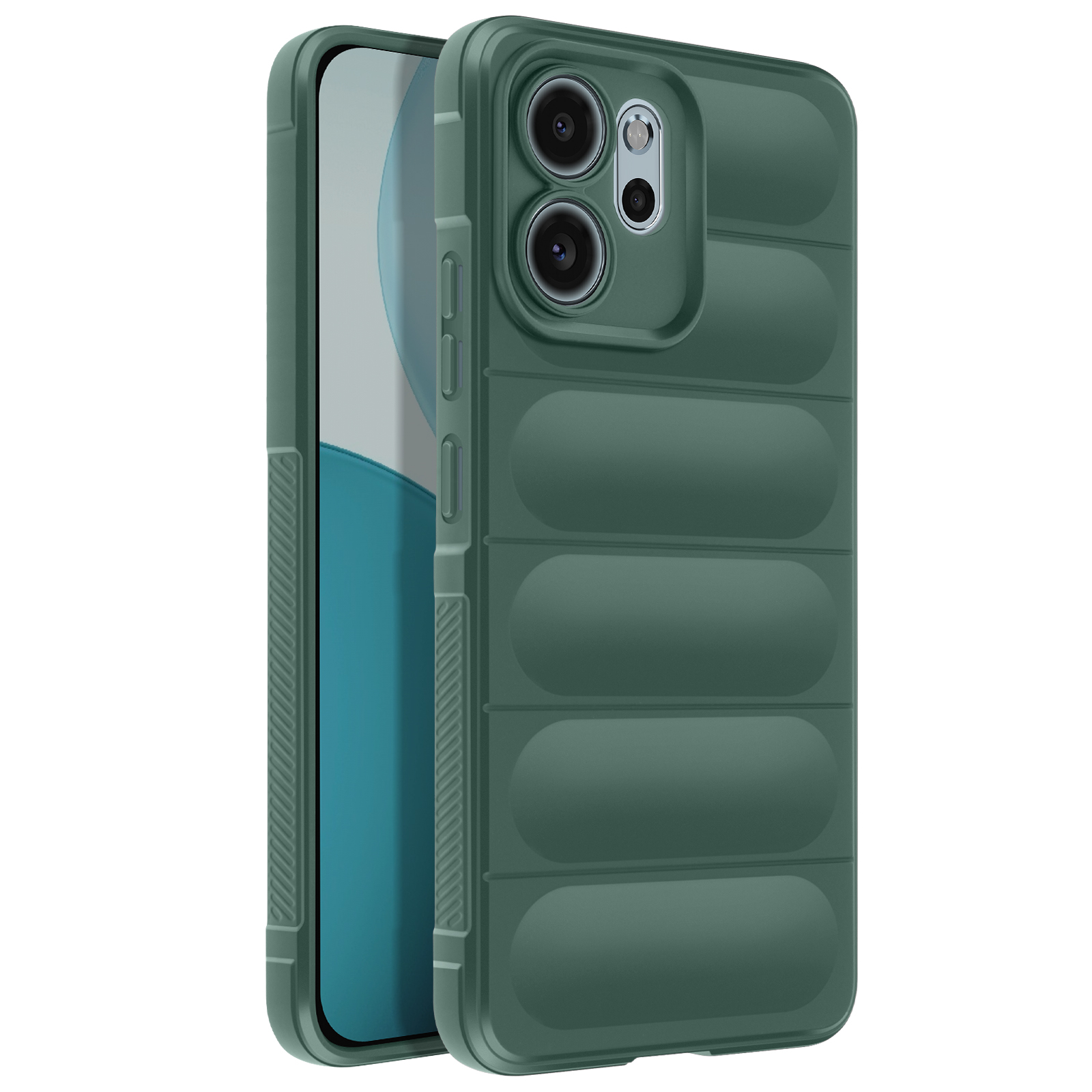 Donkergroene telefoonhoes met horizontale vulling en camera-eiland.