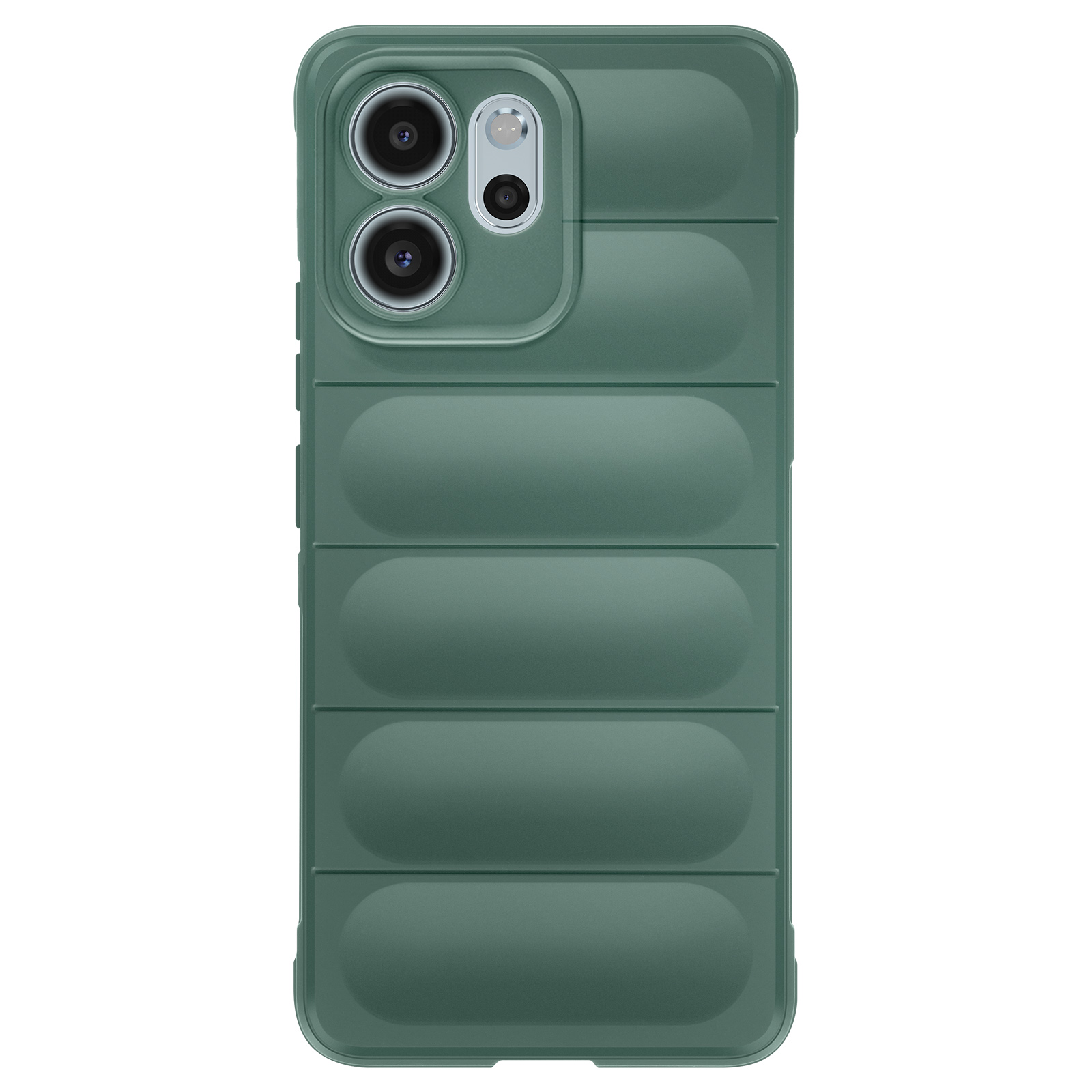 Groene telefoonhoes met horizontale vulling en drie cameralenzen bovenaan.