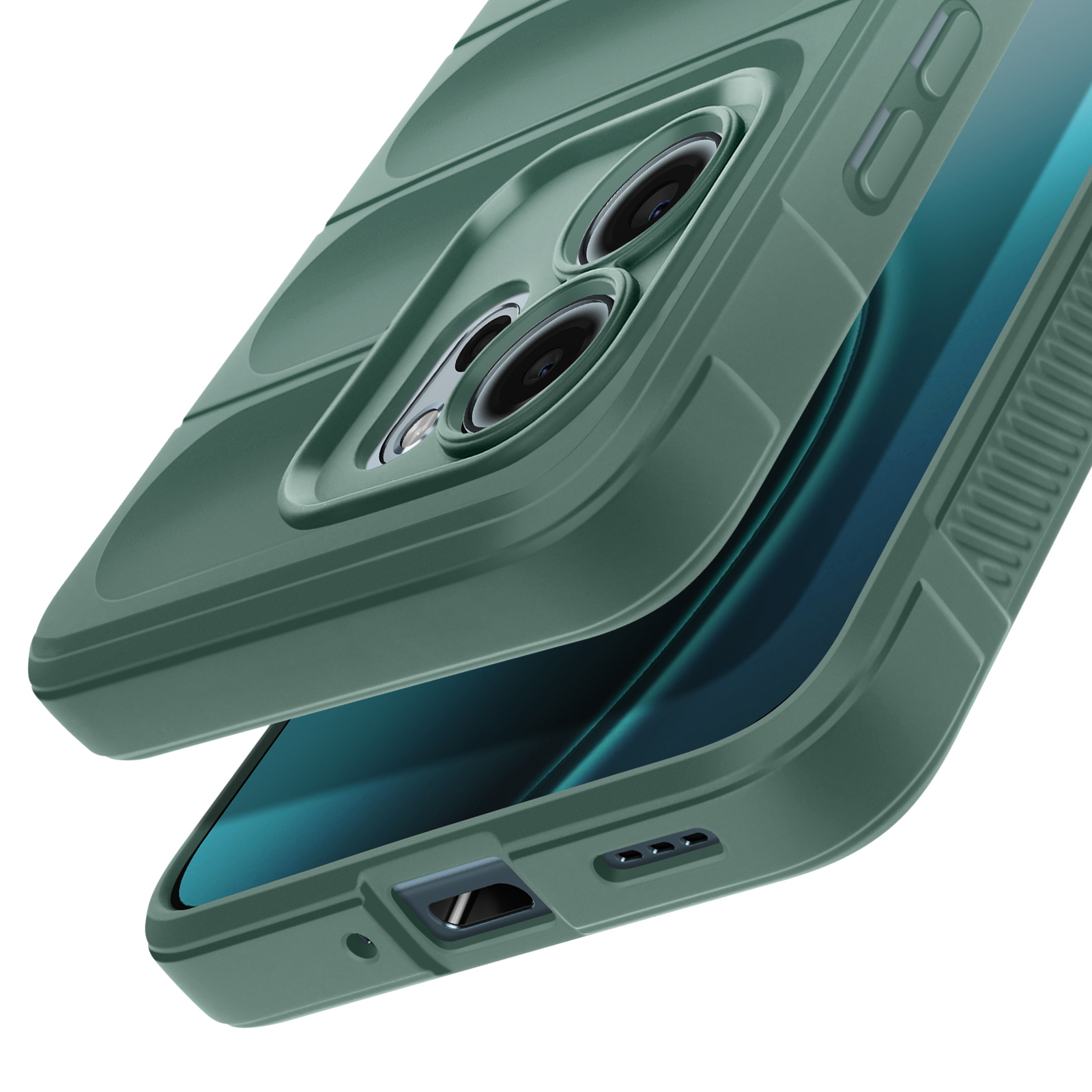 Groene telefoonhoes met camerabult en oplaadpoort.