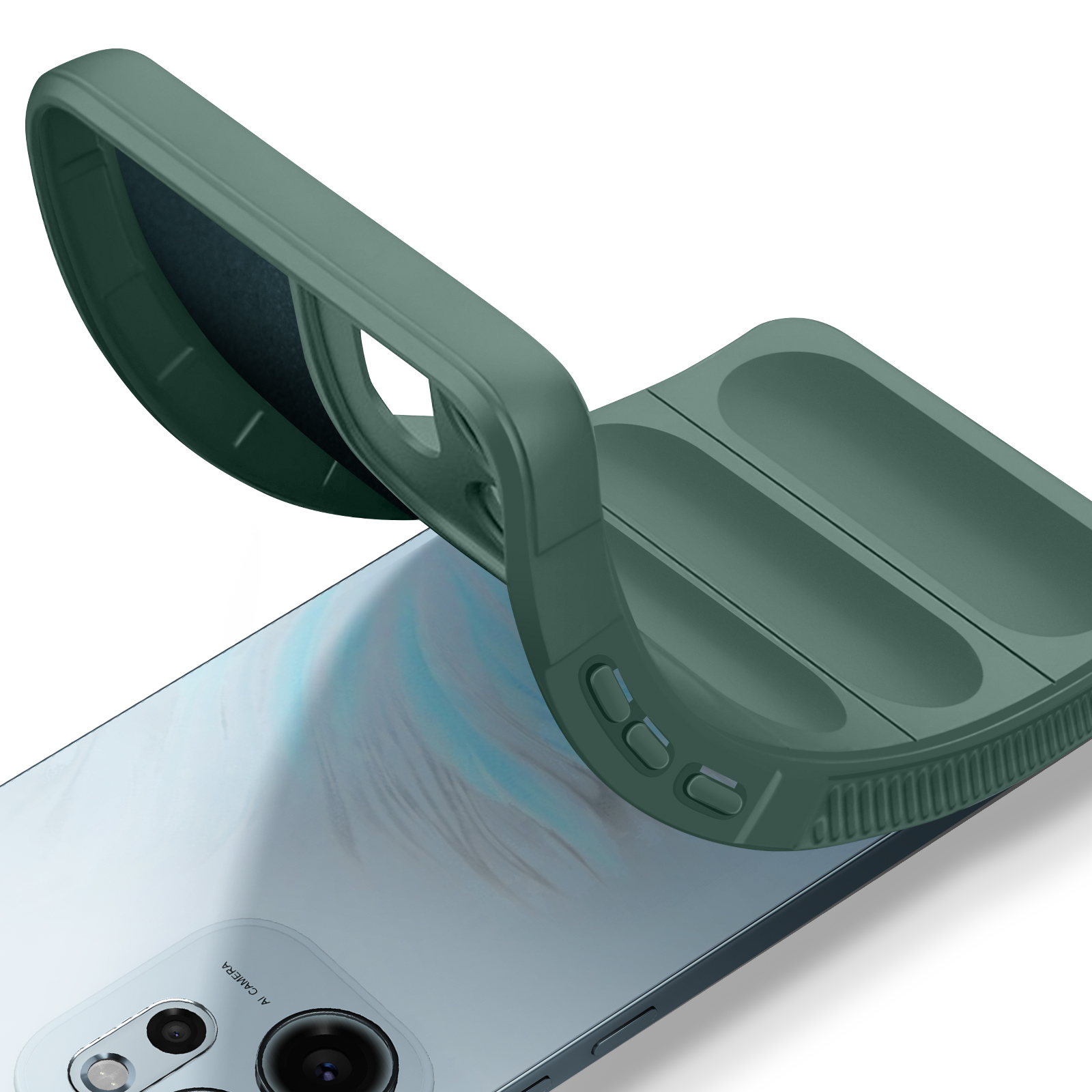 Groene telefoonhoes wordt over smartphone met camera's geplaatst.