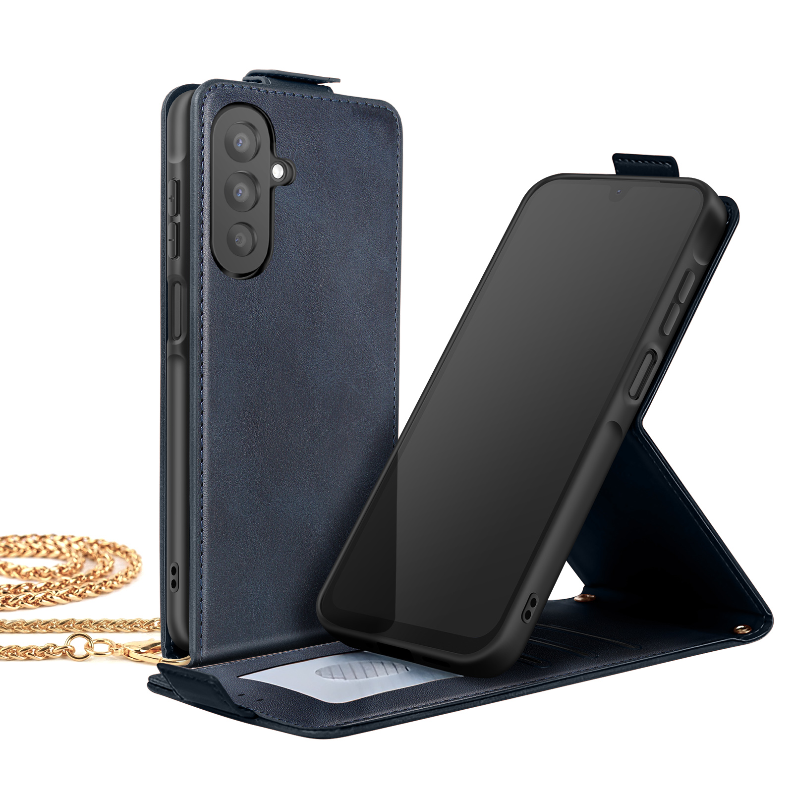 Dunkelblaues Handycover mit Kette, aufgeschlagen mit Handy und Kartenfächern.