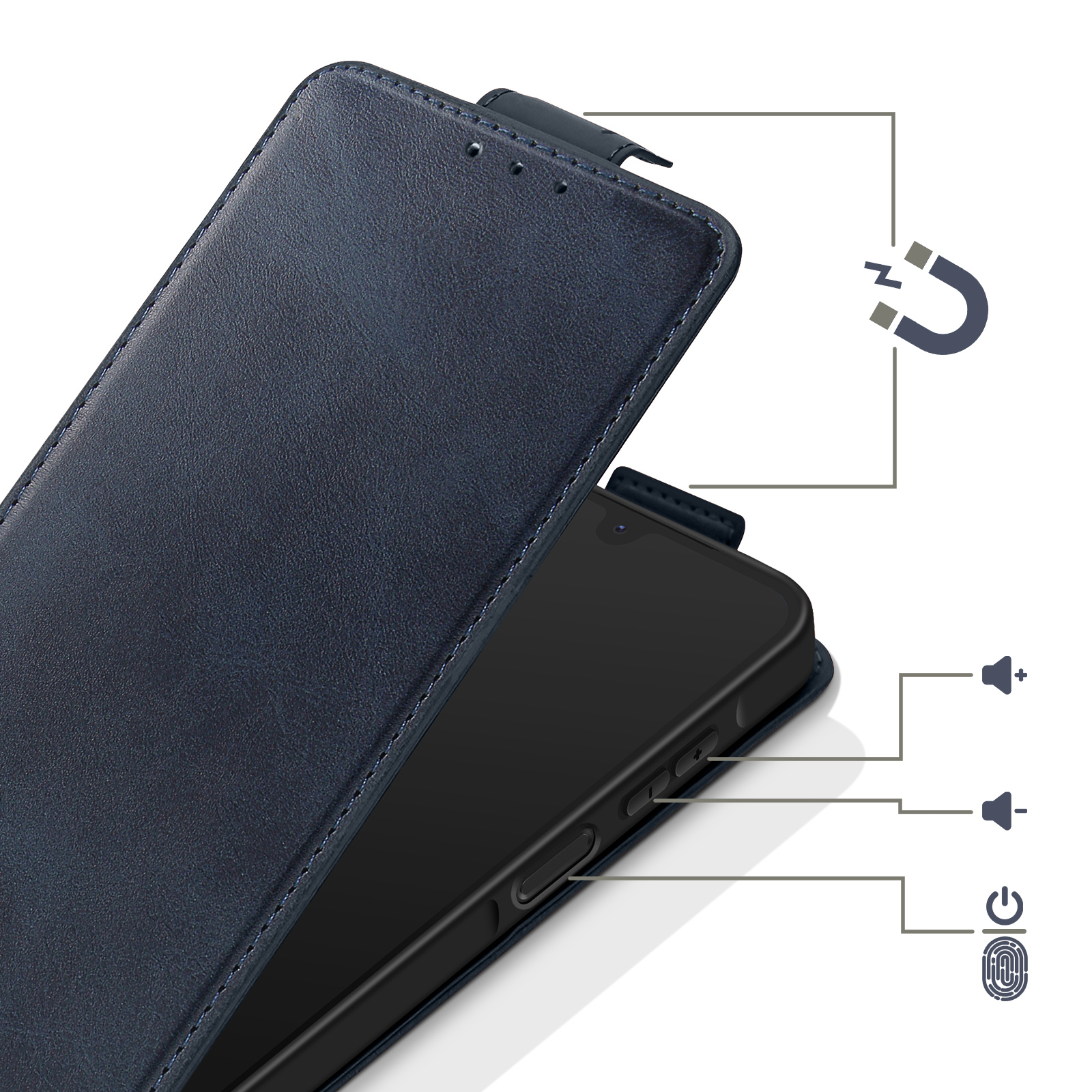 Dunkelblaues Lederetui mit Smartphone-Einlage, Magnetverschluss und Icons.