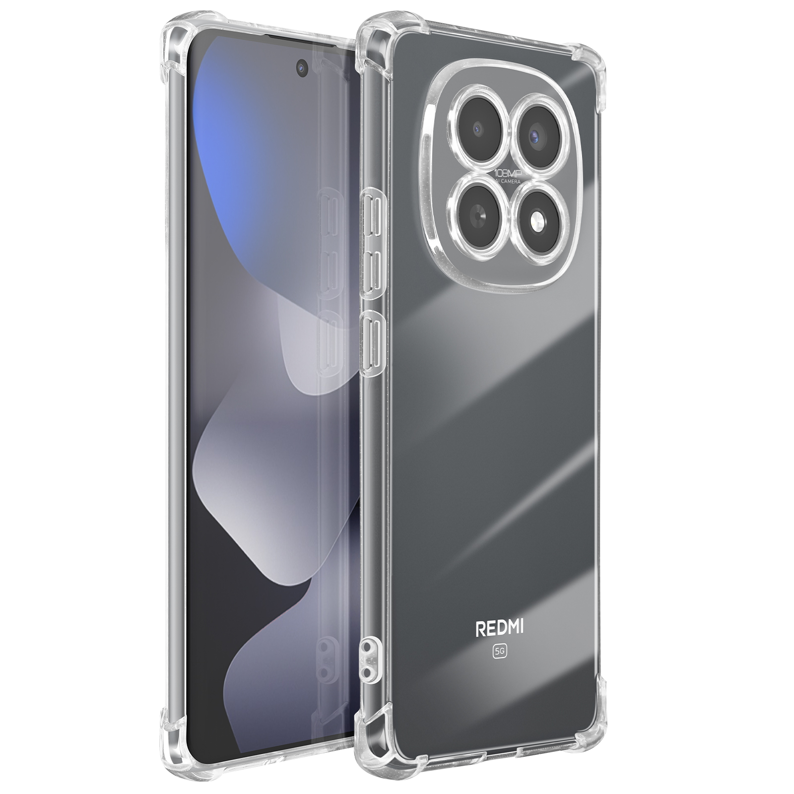 Een doorzichtige telefoonhoes beschermt een smartphone met vier camera's.
