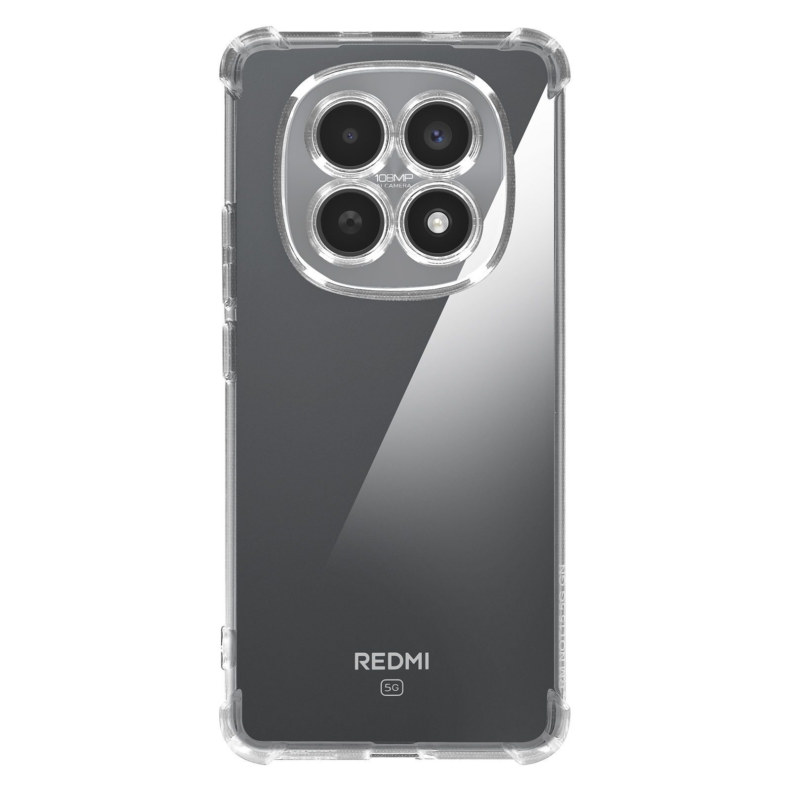 Doorzichtige hoes met vier camera's en Redmi 5G-logo op de achterkant.