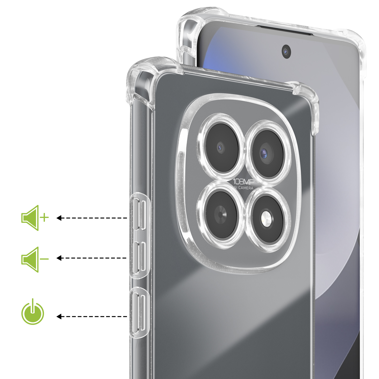 Transparante telefoonhoes met quad camera, volume en aan/uit knoppen.