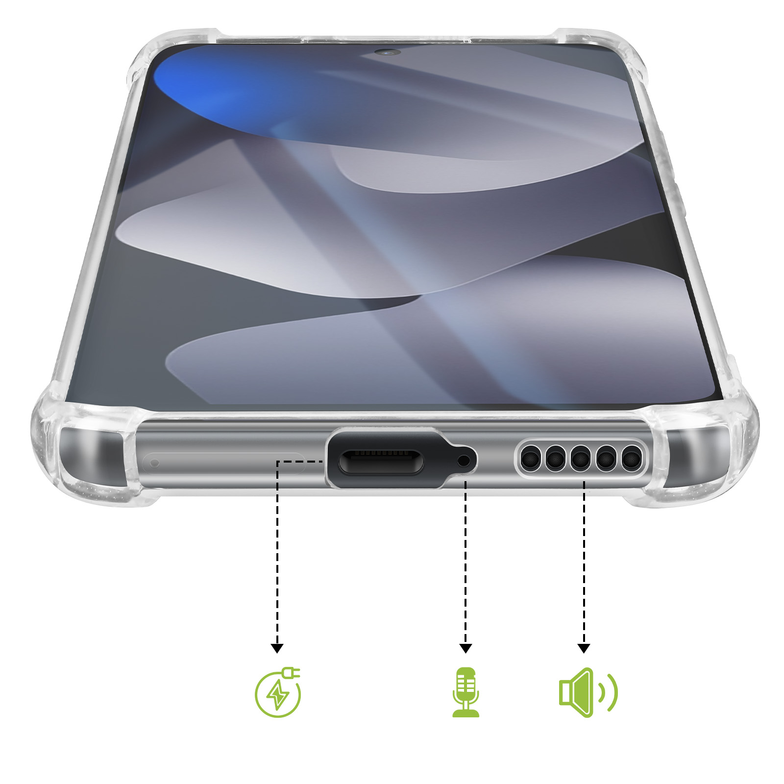 Smartphone met doorzichtig hoesje: oplaadpoort, microfoon en luidsprekergaten getoond.