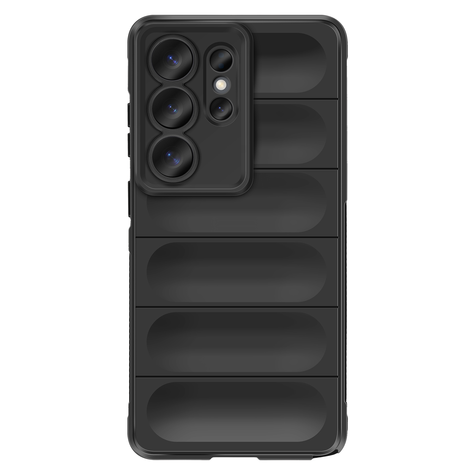 Zwarte telefoonhoes met horizontale ribbels en een uitsparing voor de cameramodule.