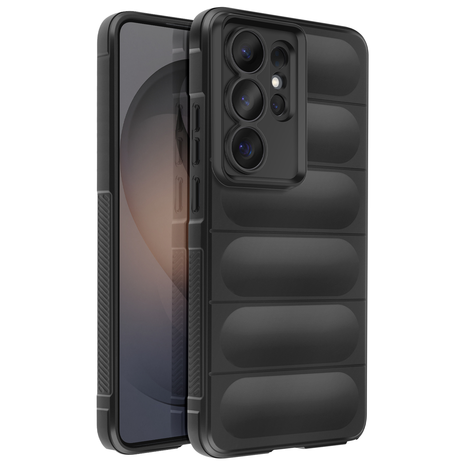 Zwarte telefoonhoes met gepolsterd ontwerp en cameramodule. Daarnaast een smartphone.