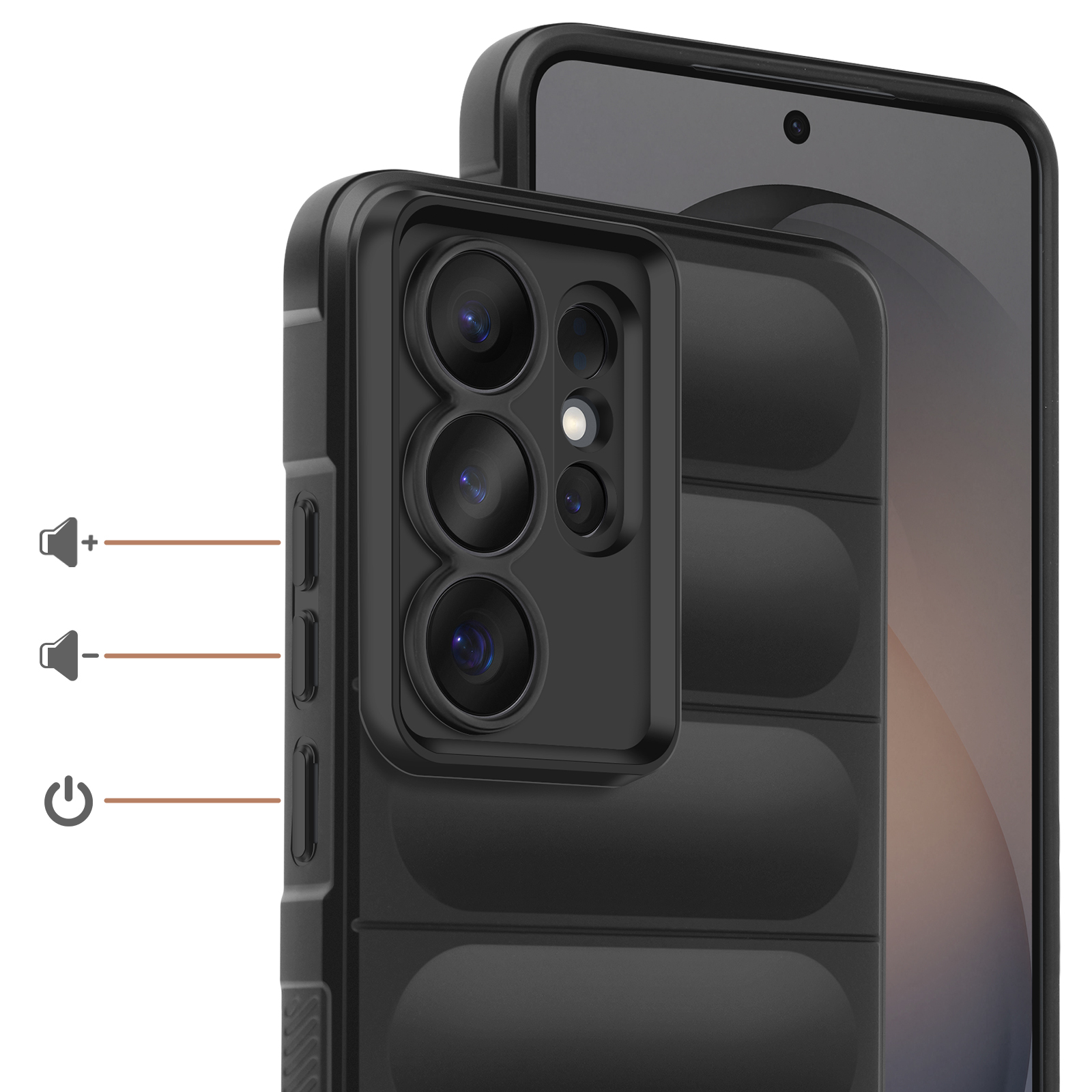 Zwarte smartphone met vier camera's, volume- en aan/uit-knoppen zichtbaar.