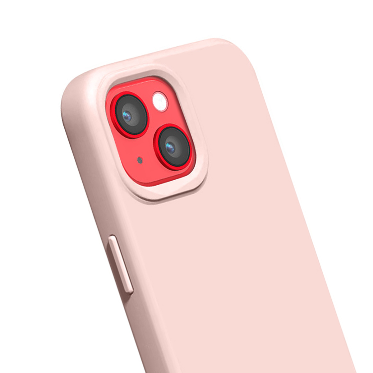Een roze telefoonhoes met een rode camera-eiland en twee lenzen.
