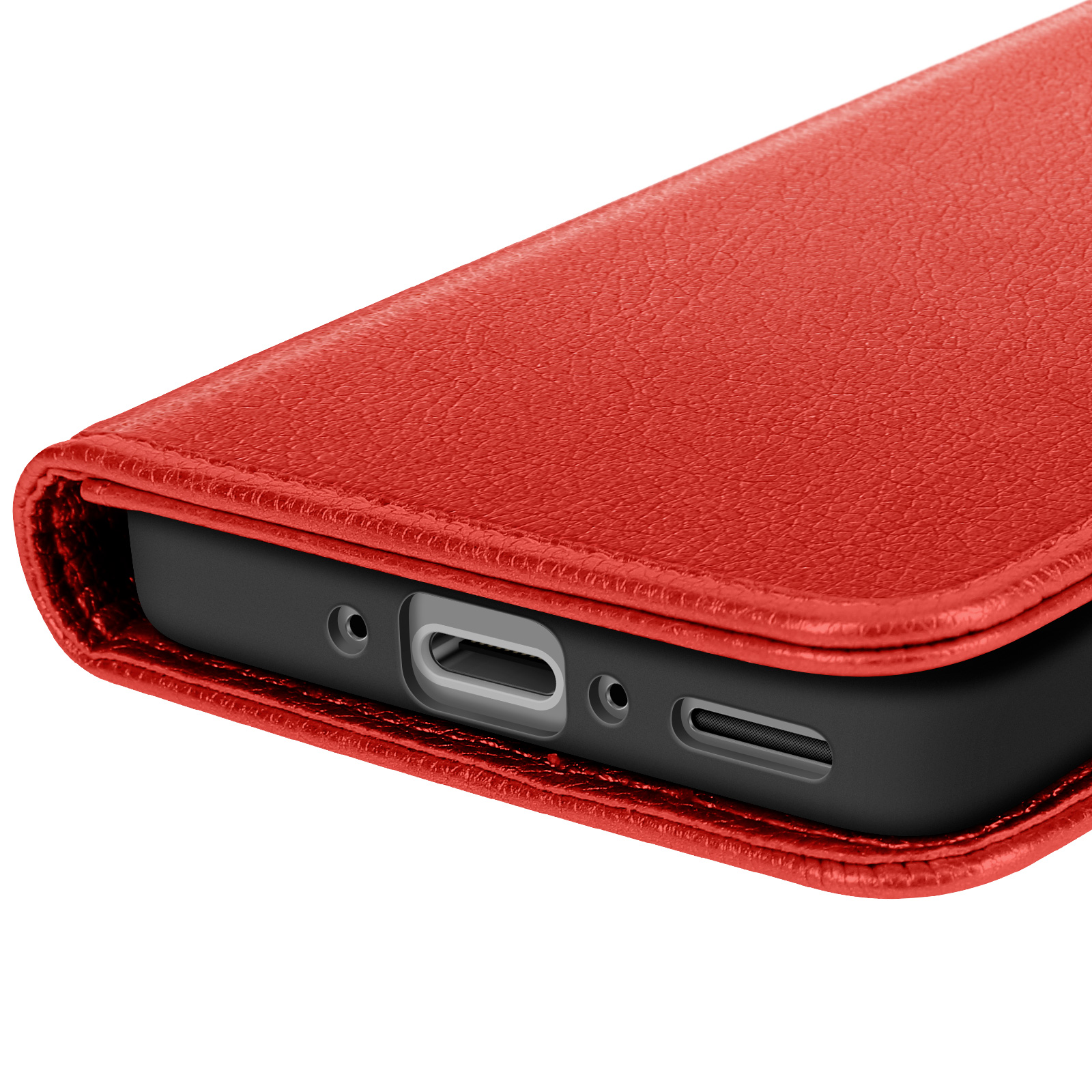 Rote Lederhülle für ein Smartphone mit sichtbarem Ladeanschluss und Lautsprechergitter.