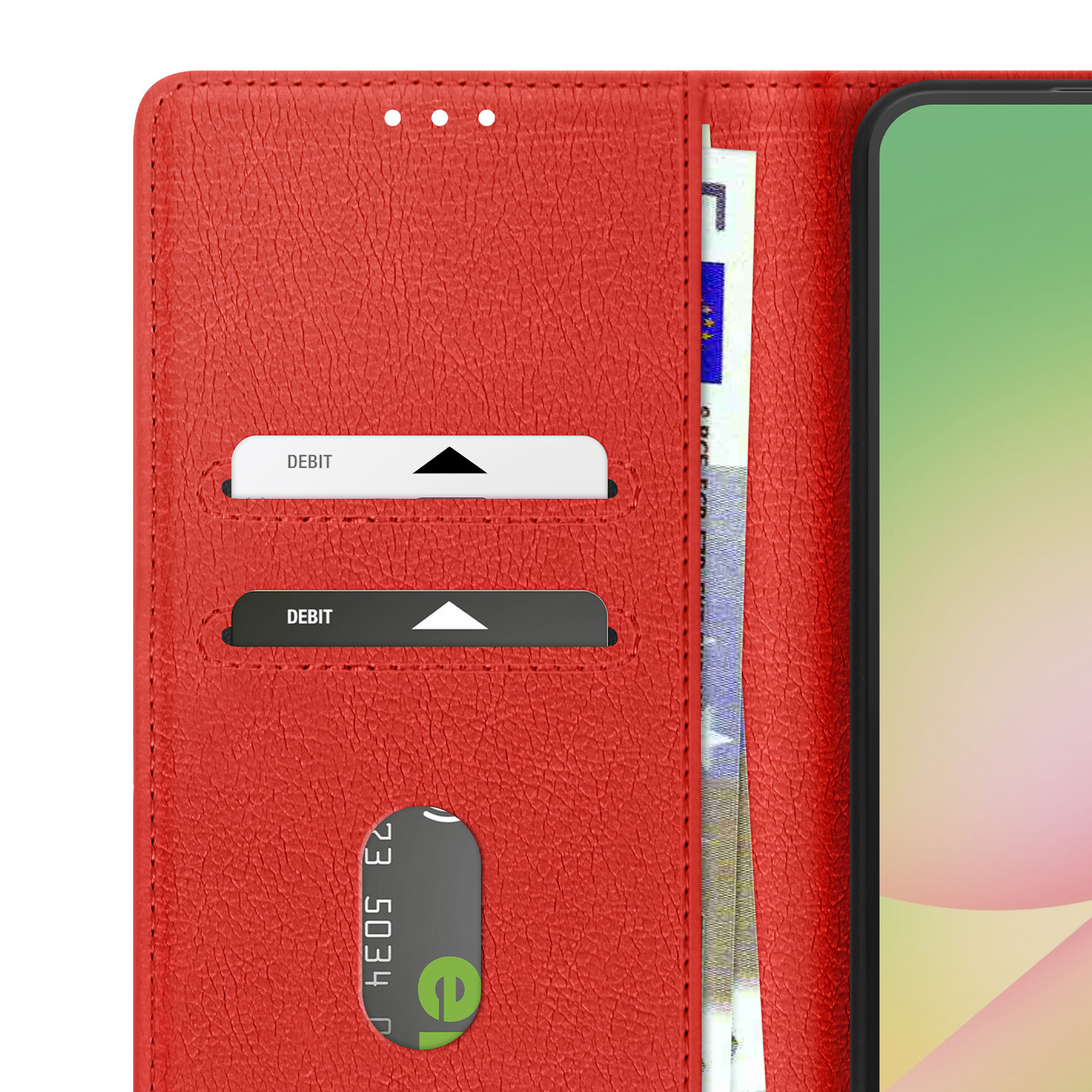 Rote Lederhülle mit Kartenschlitzen und Geldscheinfach. Ein Smartphone ist sichtbar.