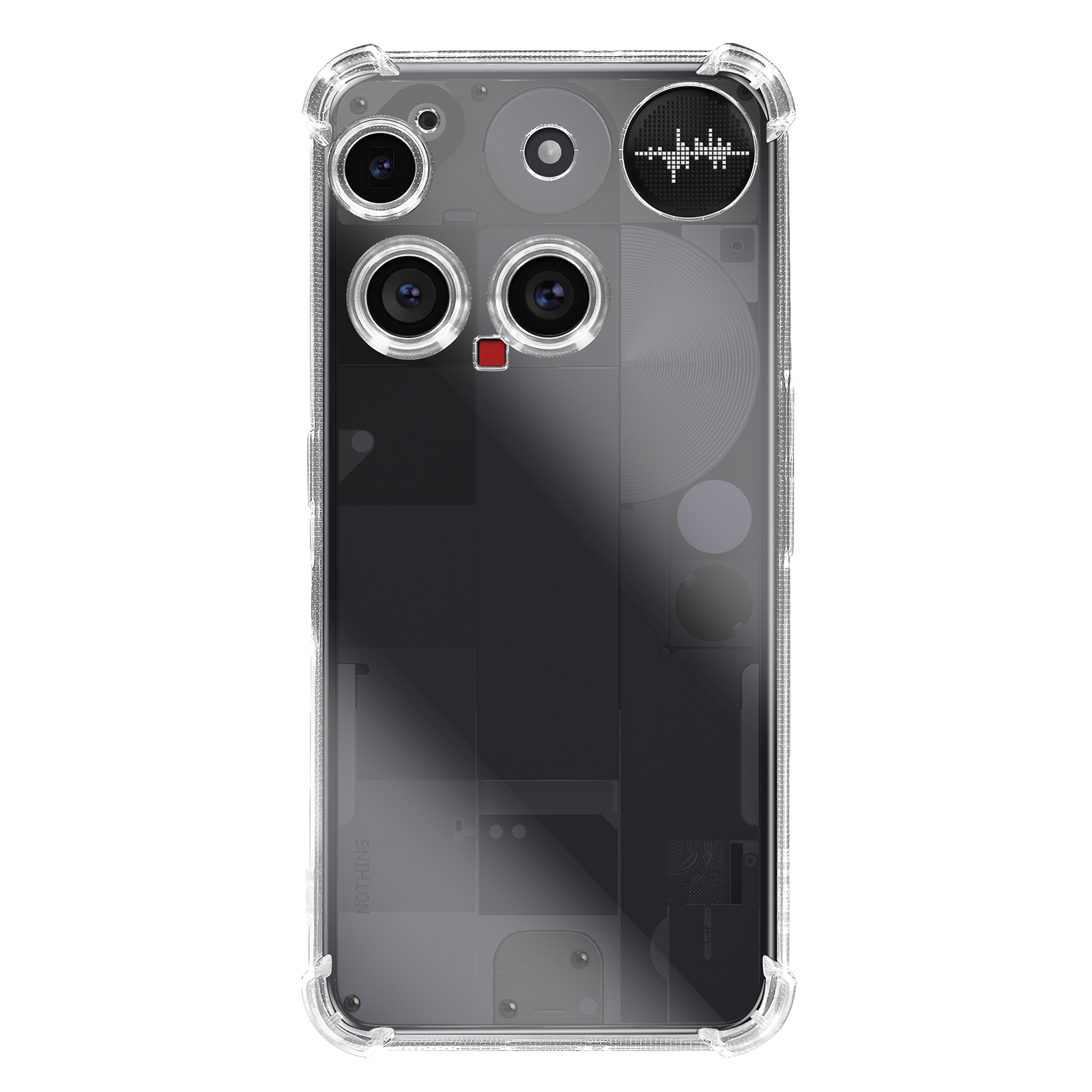 Parte trasera de un smartphone transparente con doble cámara, flash y rejilla de altavoz.