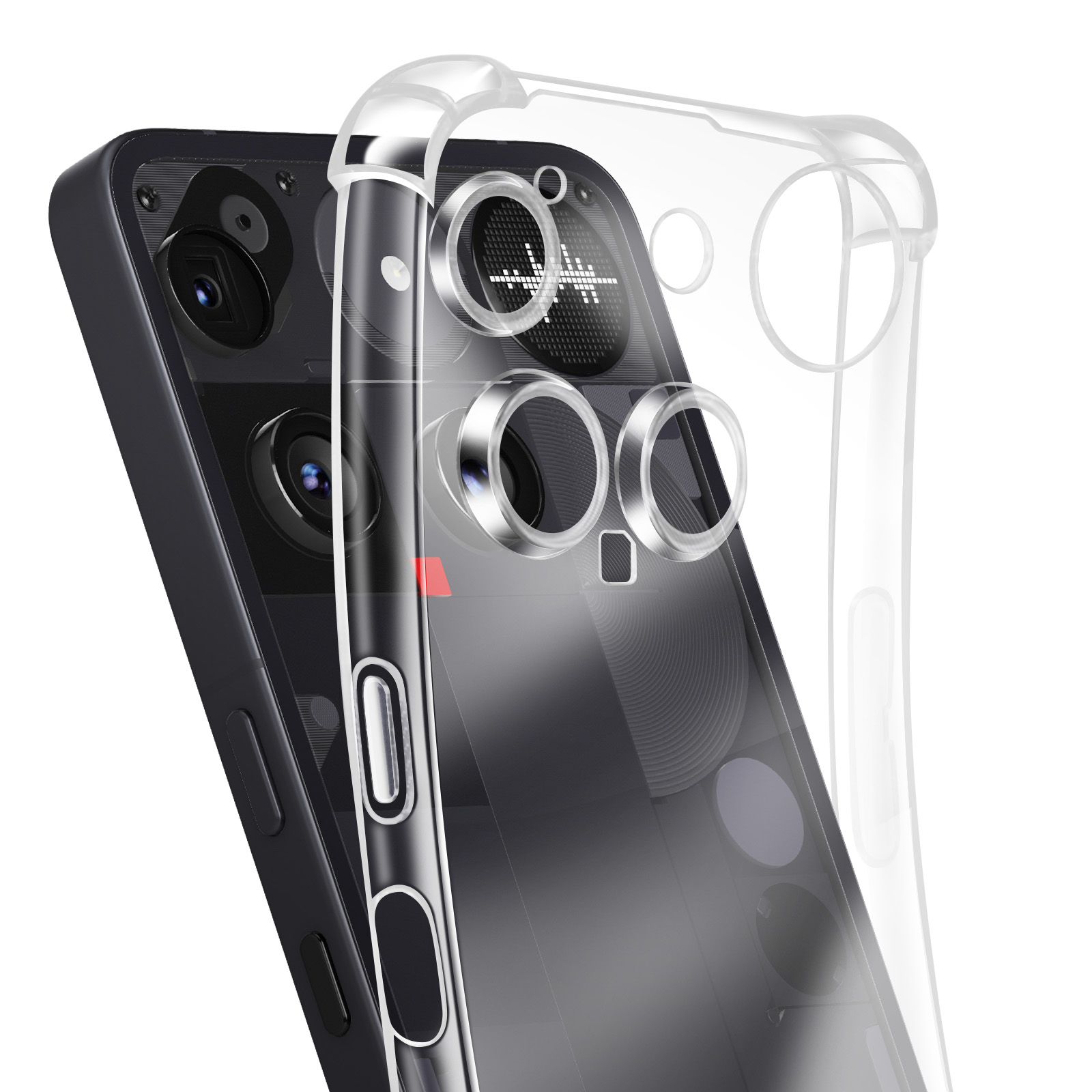Un smartphone negro con funda protectora transparente, mostrando lentes de cámara.