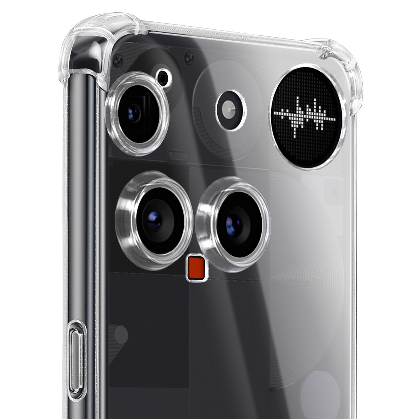 Vista trasera de un smartphone transparente con tres cámaras y un botón rojo.