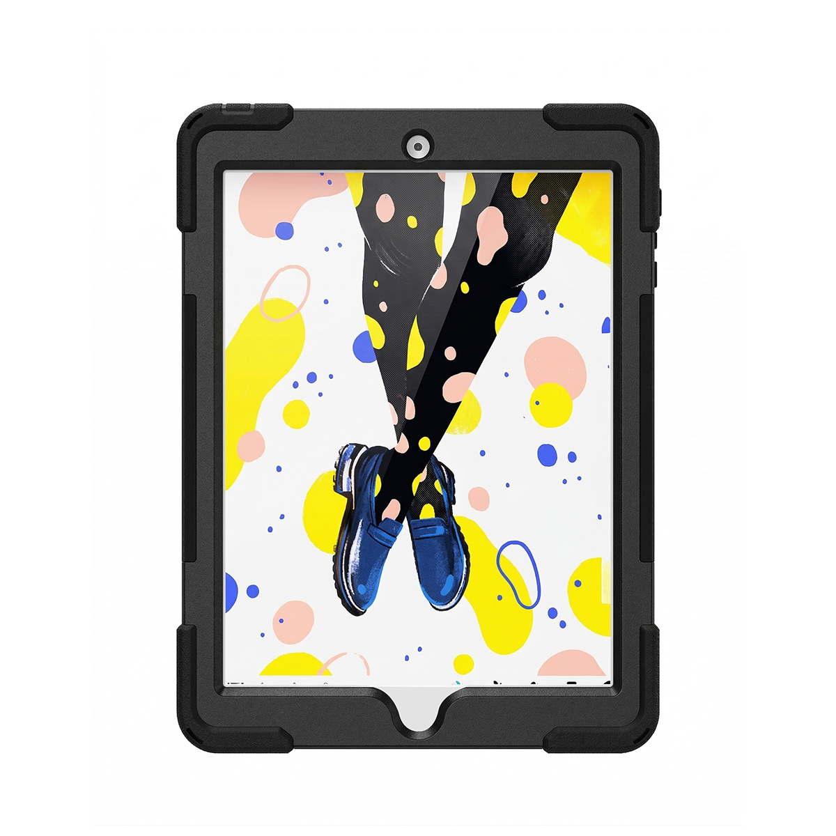 Ein schwarzes Tablet mit einem bunten Muster auf dem Bildschirm.