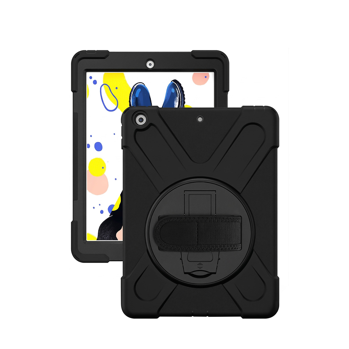 Schwarzes Tablet in Schutzhülle mit Griff und Ständer. Bunte Muster auf dem Bildschirm.