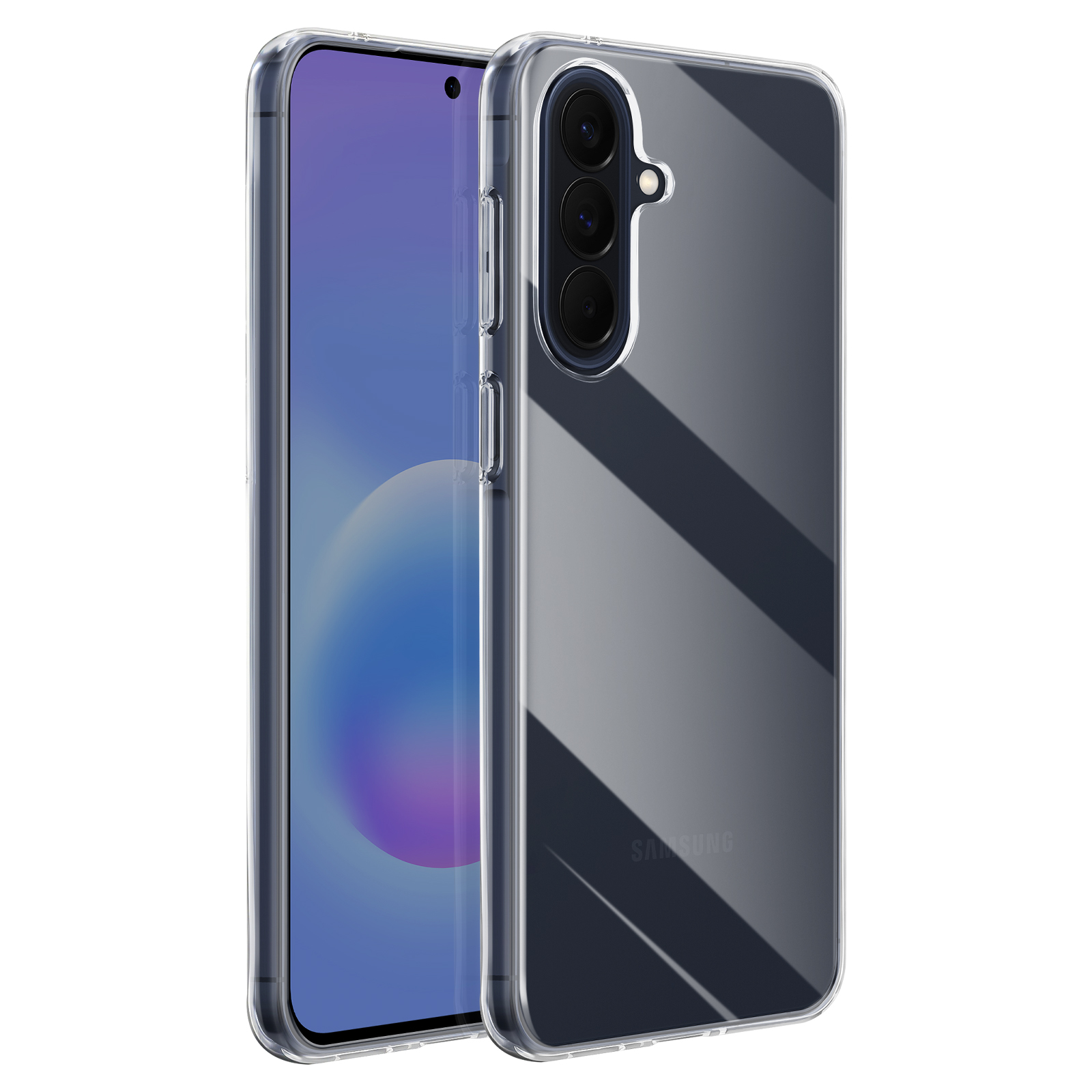 Une coque de téléphone transparente montrant trois caméras au dos.