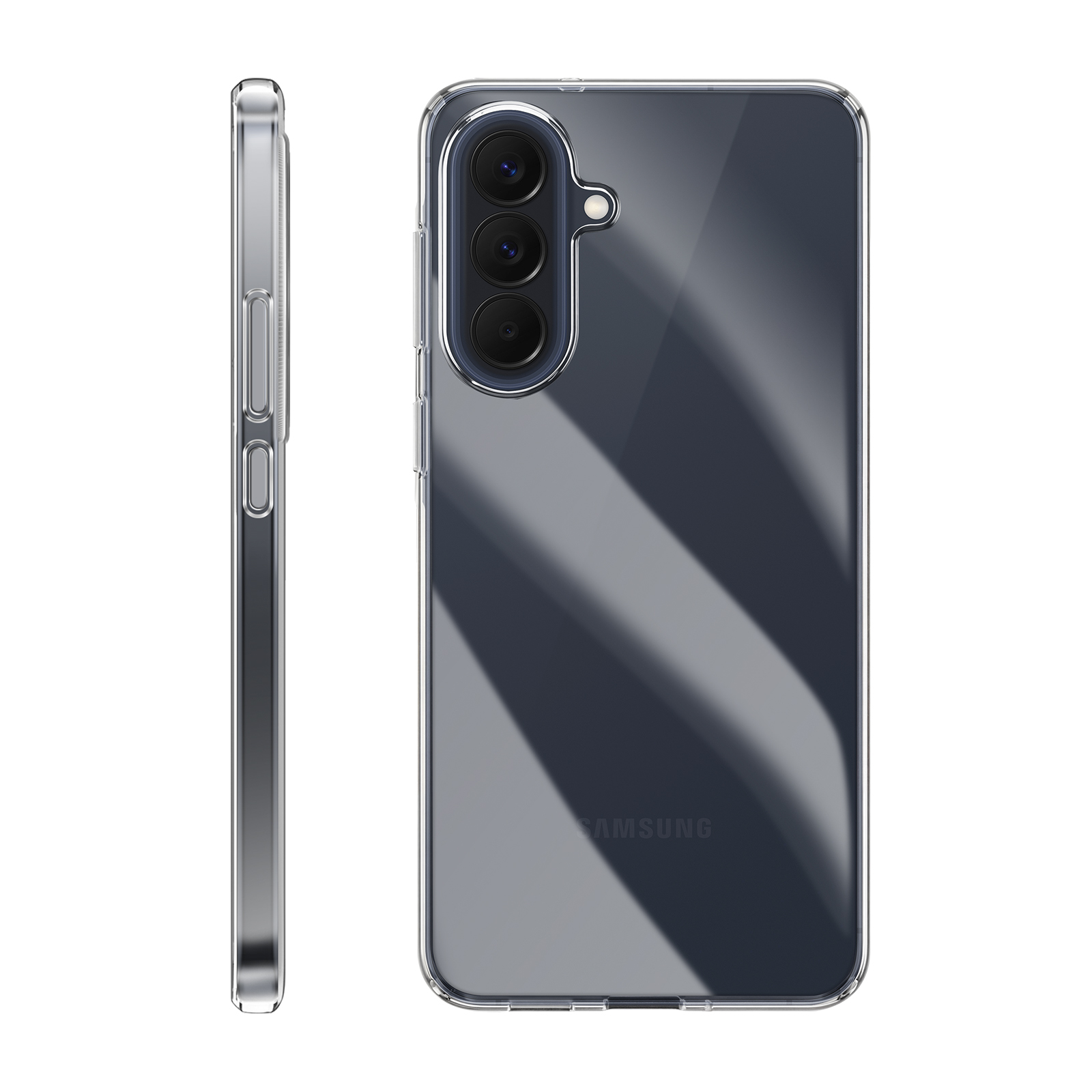 Une coque de téléphone transparente est montrée de côté et de dos. Le dos montre trois caméras.