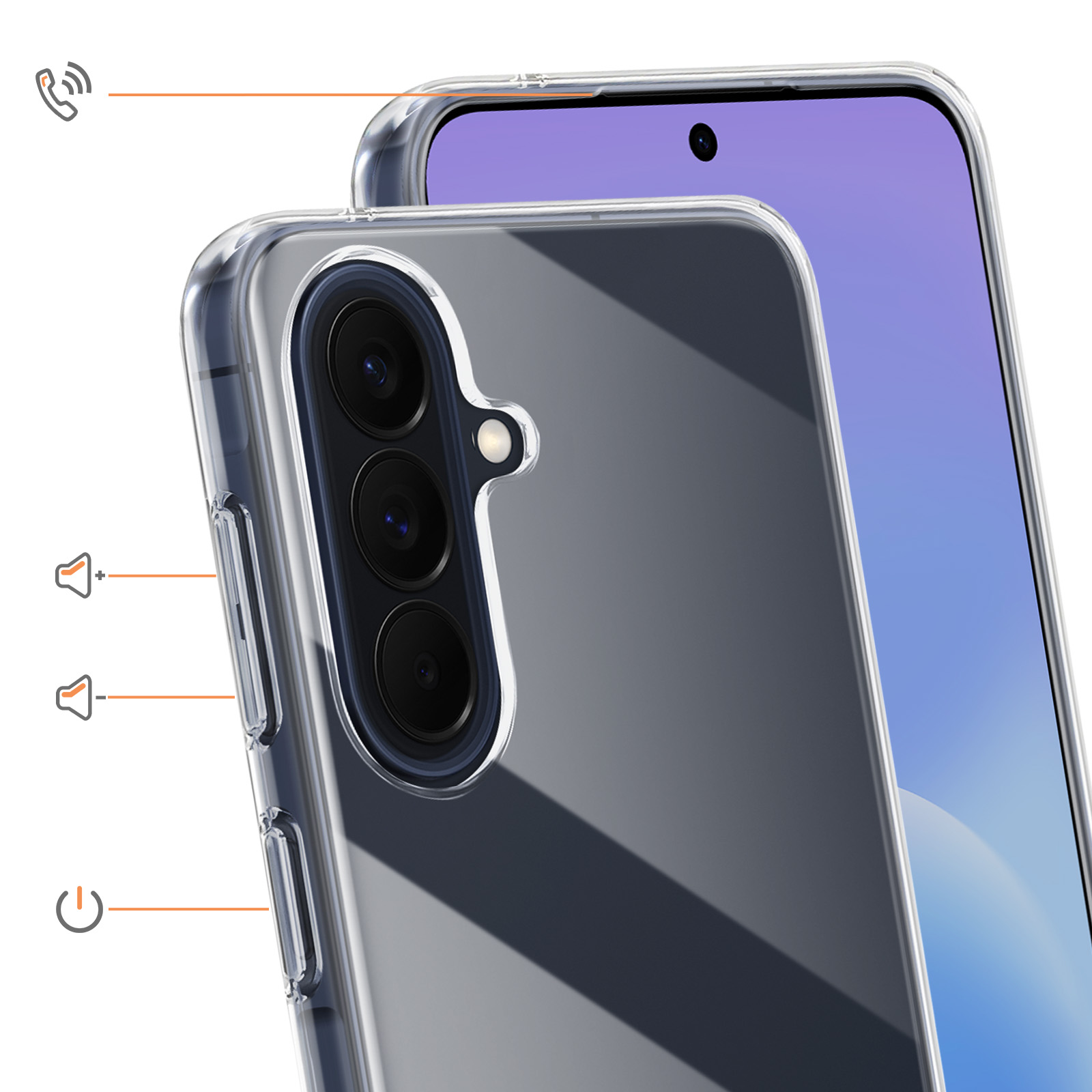 Une coque de téléphone transparente recouvre un smartphone à triple appareil photo.