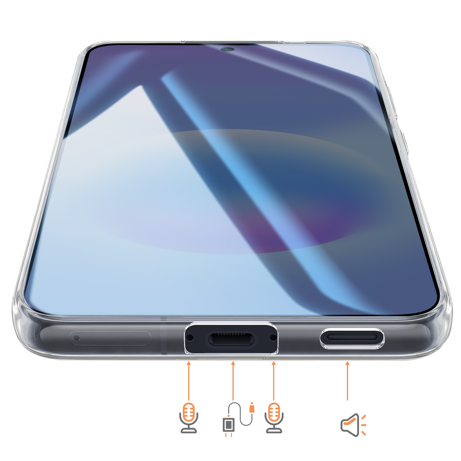Bas du smartphone avec ports : USB-C, micro, haut-parleur. Flèches indiquent les fonctions.