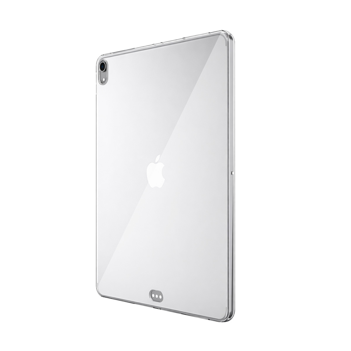 Ein durchsichtiges Tablet mit dem Apple-Logo auf der Rückseite.