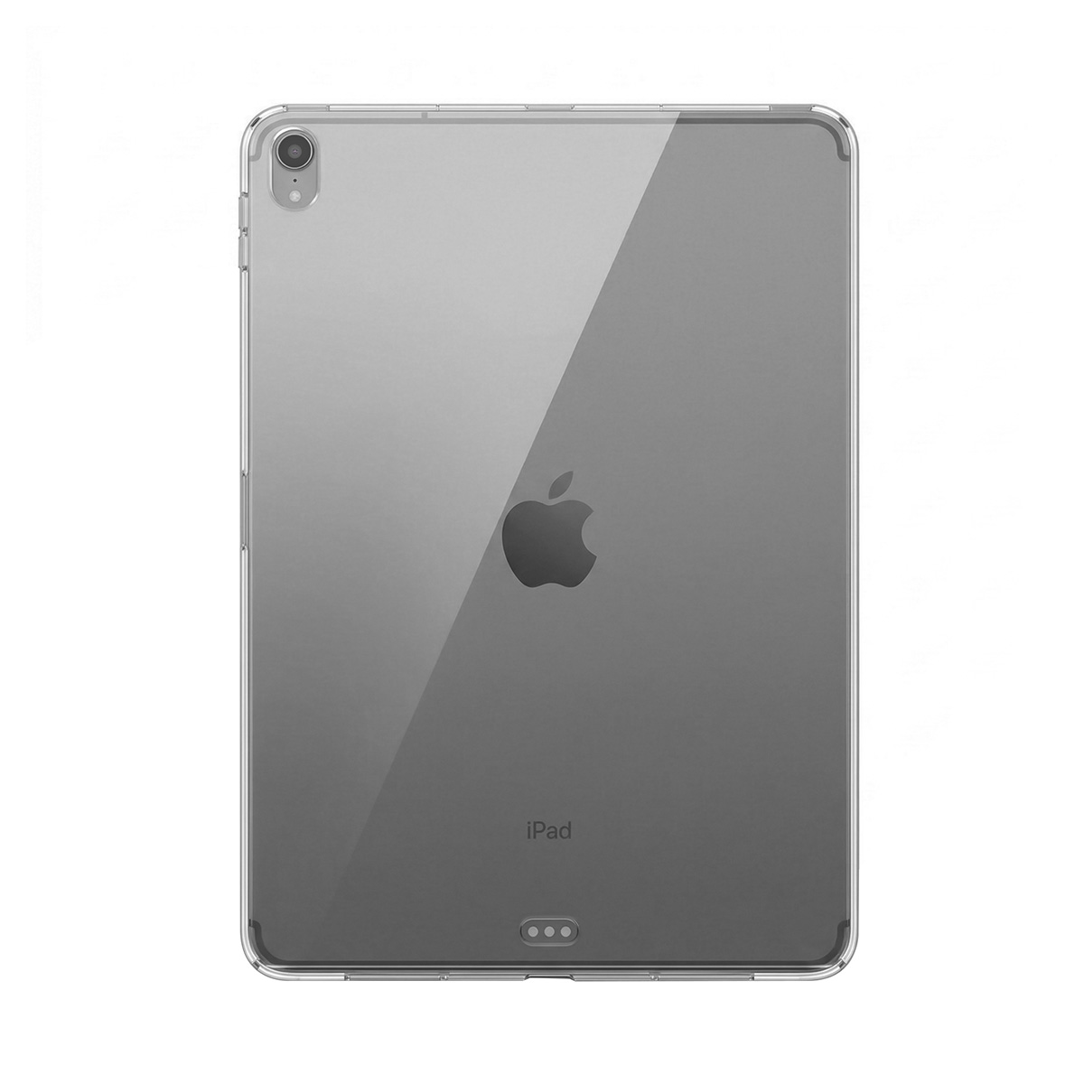 Rückseite eines transparenten iPads mit Apple-Logo und Kamera.