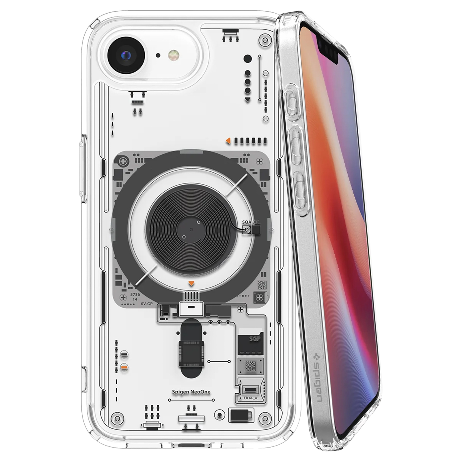Custodia trasparente per telefono con design interno di circuito stampato e logo Spigen.