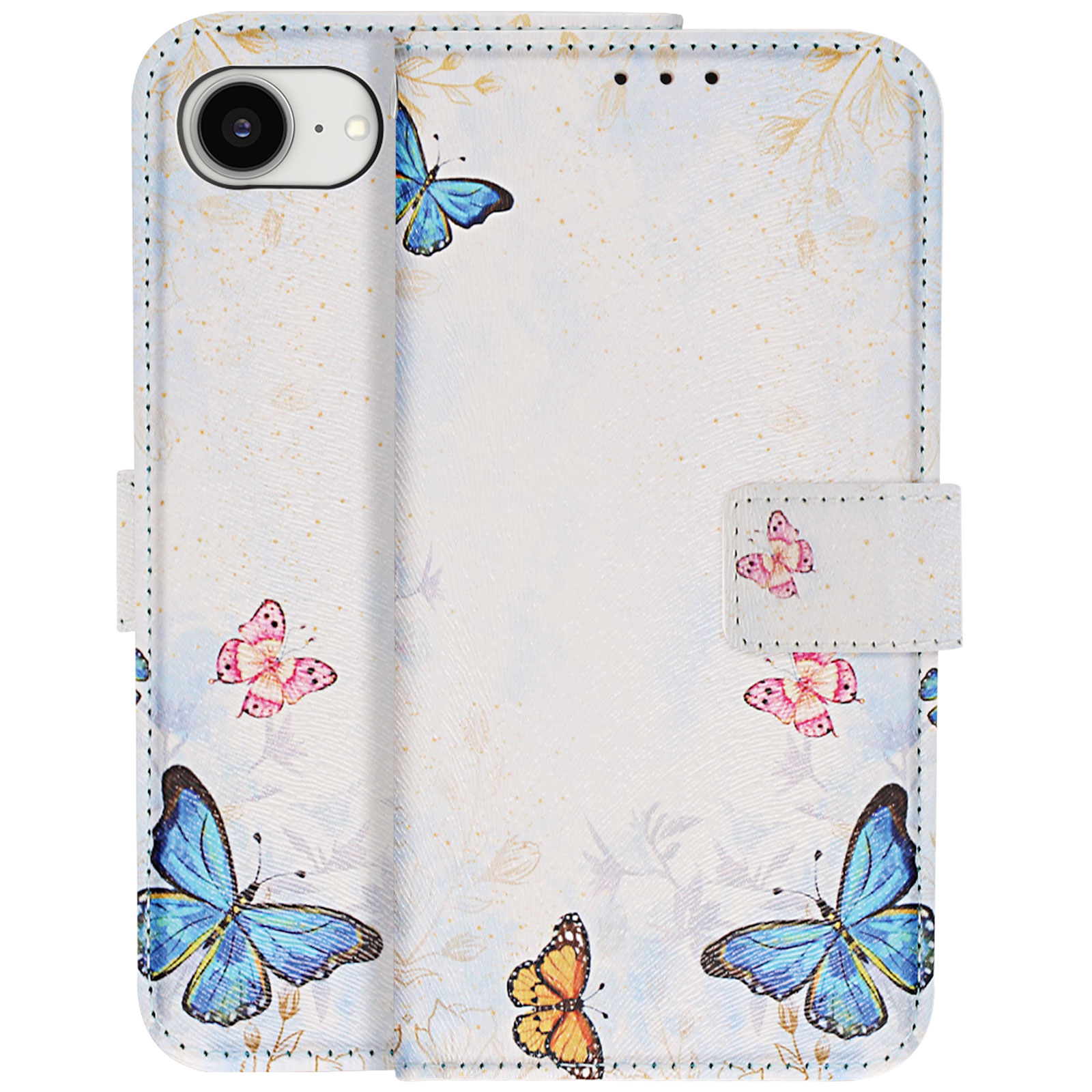 Ein helles Handycover mit Schmetterlingsmotiv und Kameraausschnitt.