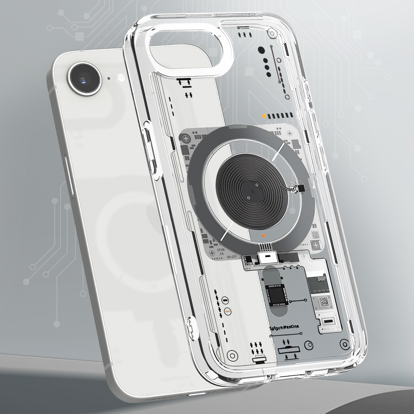 Una custodia trasparente per telefono rivela un design di circuito interno e una bobina MagSafe.