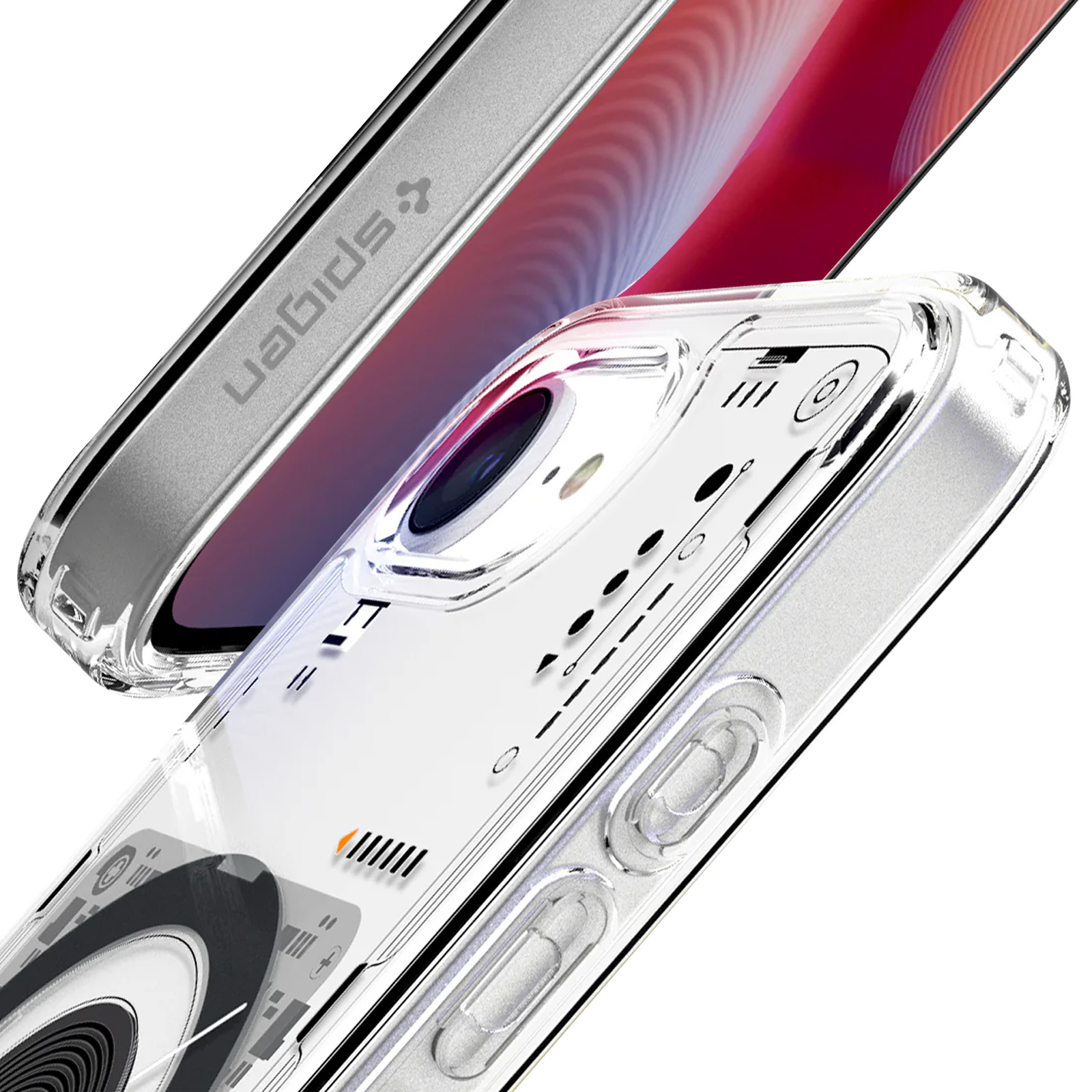 Una cover trasparente per telefono con bordo argentato e logo Spigen.