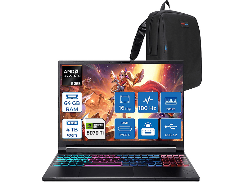 ACER Nitro V 16S AN16S RTX5070TI 110W 180Hz NHU07EY001F20 AMD Ryzen AI 9 365 64 GB RAM 4 TB SSD 16 inç FreeDOS Laptop+Çanta Siyah
