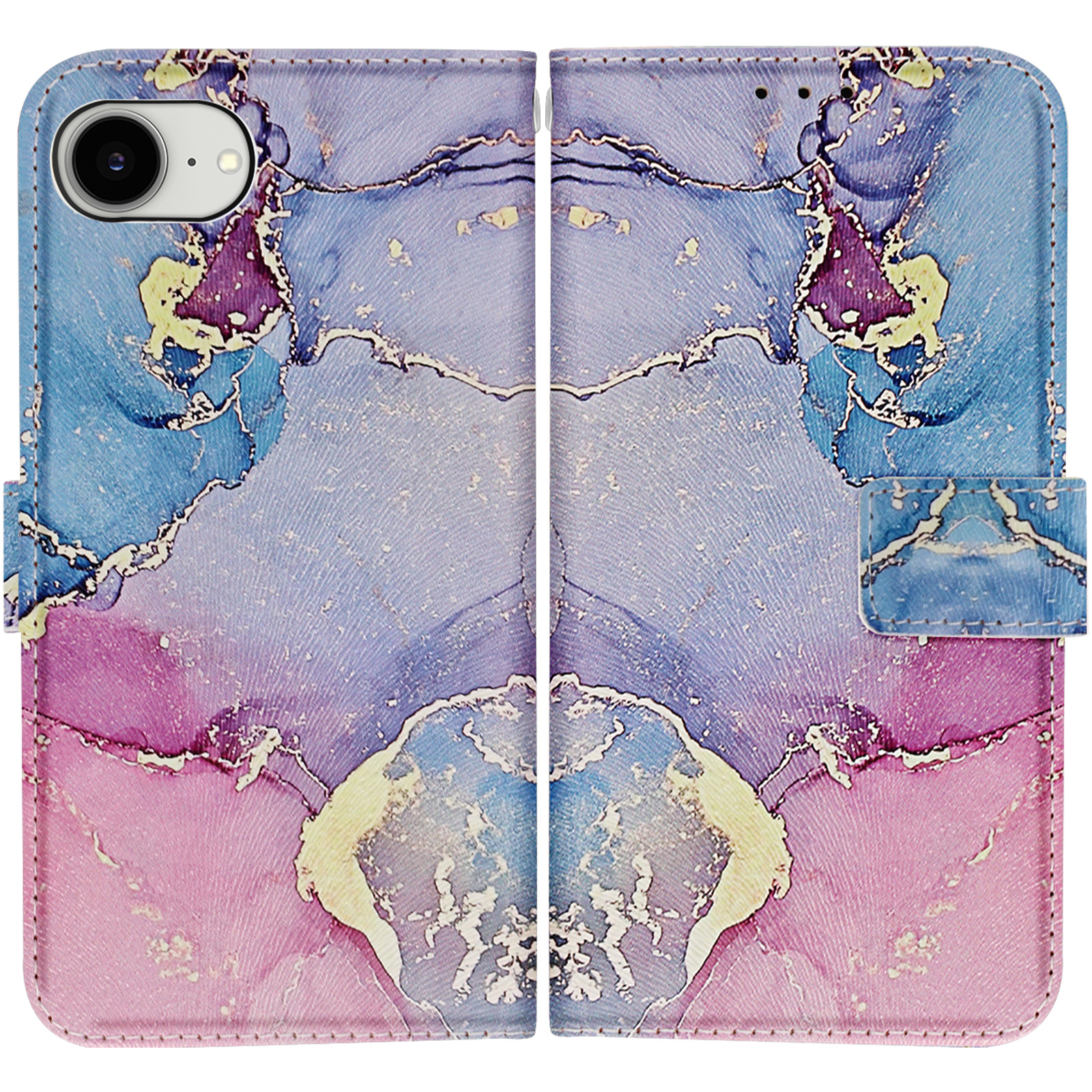 Étui de téléphone ouvert avec motif marbre bleu, violet et rose.