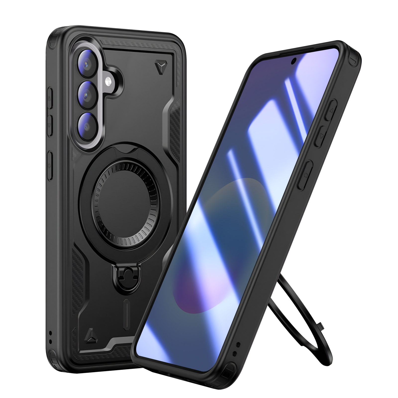 Zwarte telefoon met drievoudige camera en standaard. Achterkant heeft een ring.