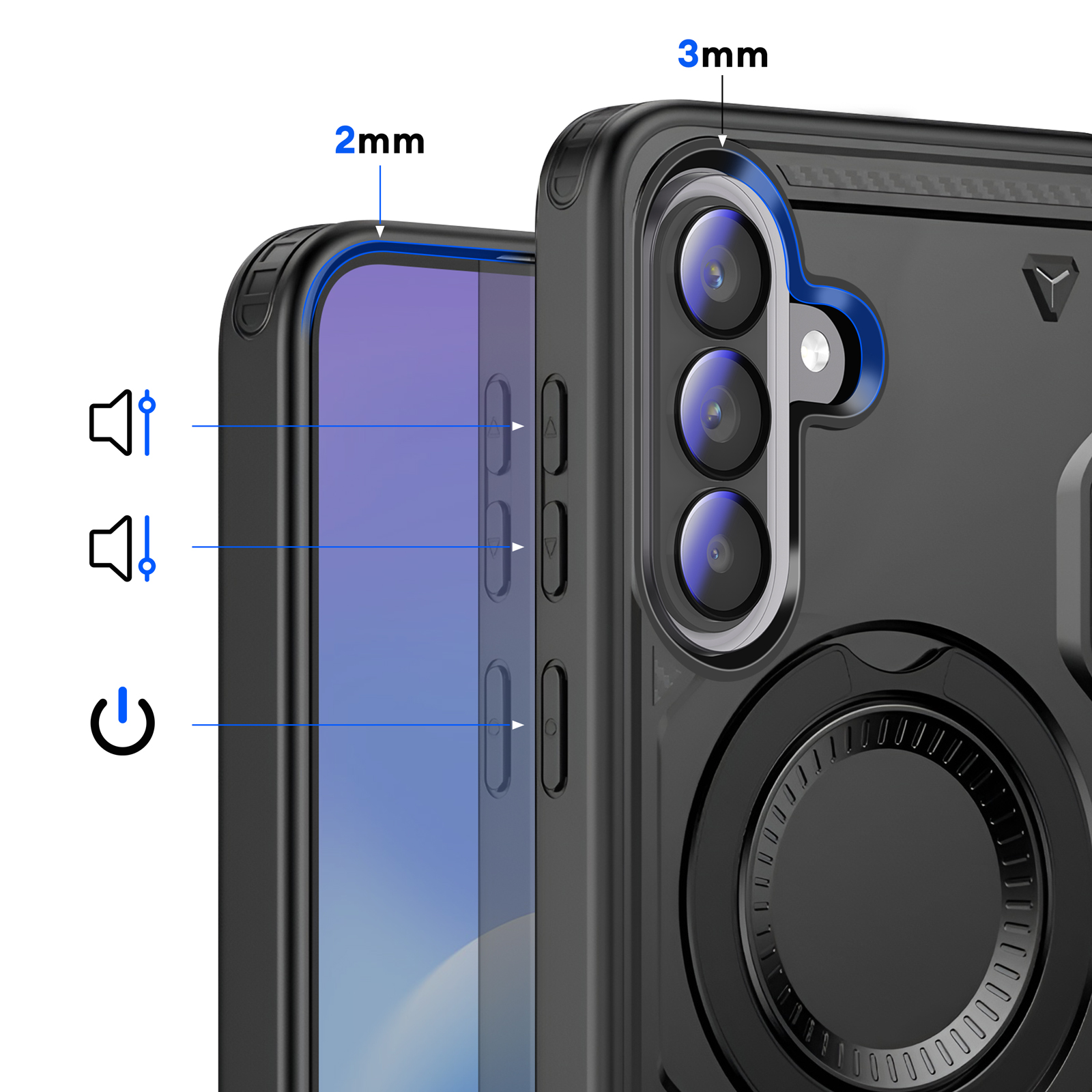 Zwarte telefoon met cameralens, volume- en aan/uit-knoppen.