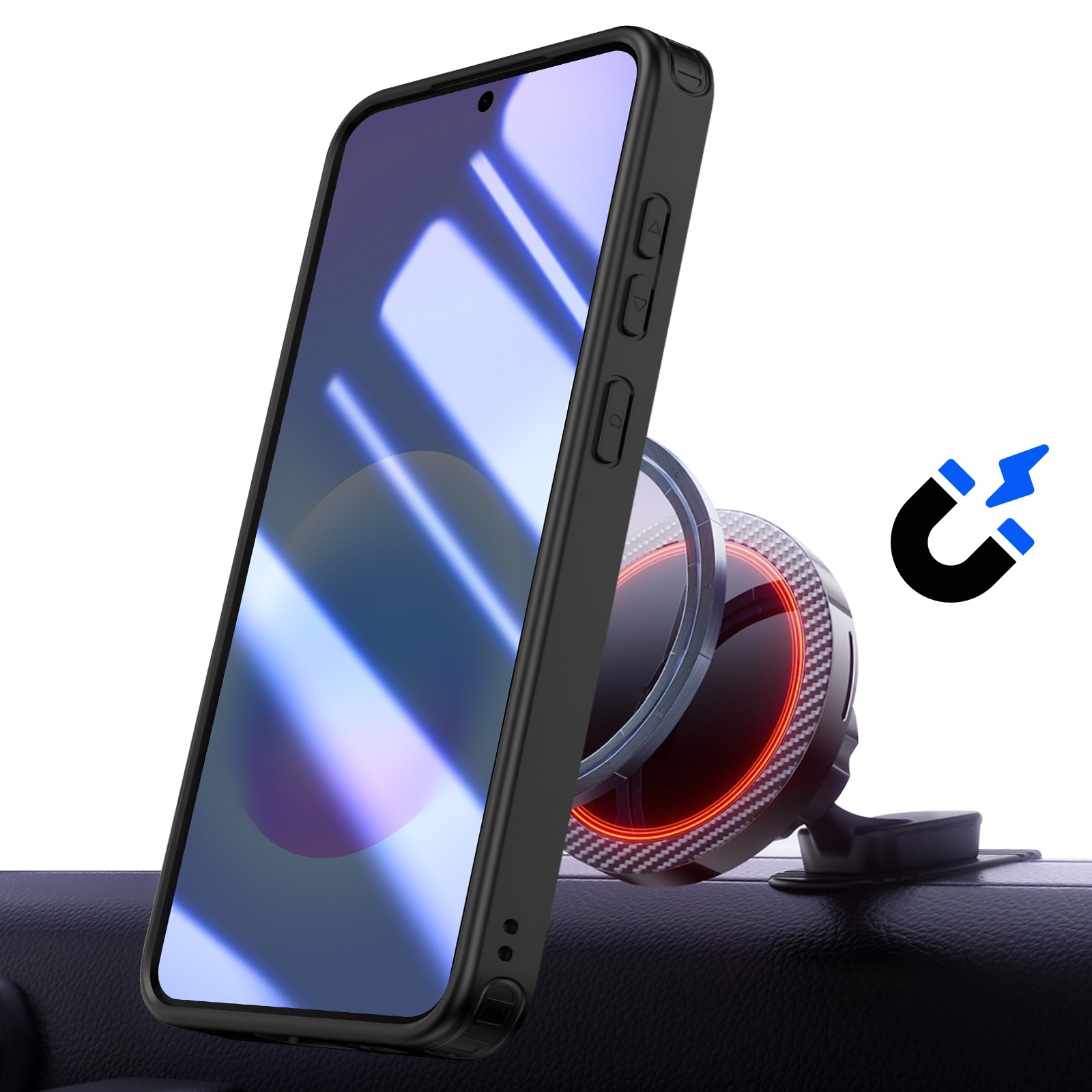 Zwarte telefoon in hoesje op magnetische autohouder met rode verlichting.