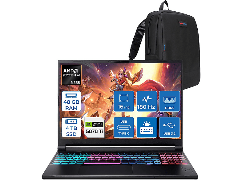 ACER Nitro V 16S AN16S RTX5070TI 110W 180Hz NHU07EY001F15 AMD Ryzen AI 9 365 48 GB RAM 4 TB SSD 16 inç FreeDOS Laptop+Çanta Siyah