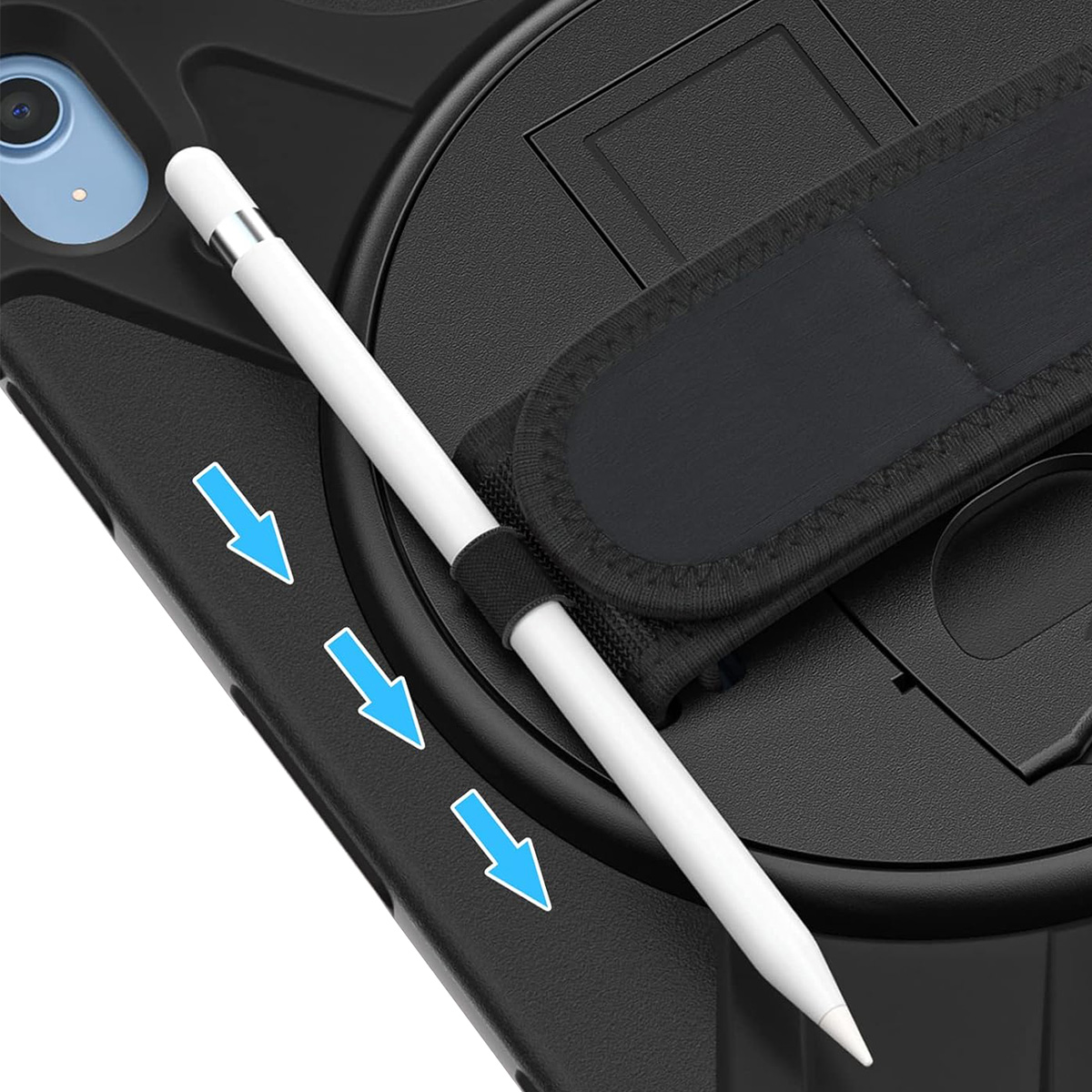 Ein weißer Stift liegt auf einer schwarzen Hülle, mit blauen Pfeilen.