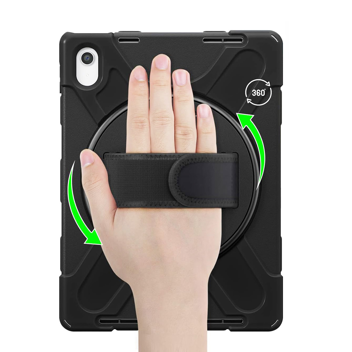 Eine Hand hält ein schwarzes Tablet mit drehbarem Griff und 360-Grad-Symbol.