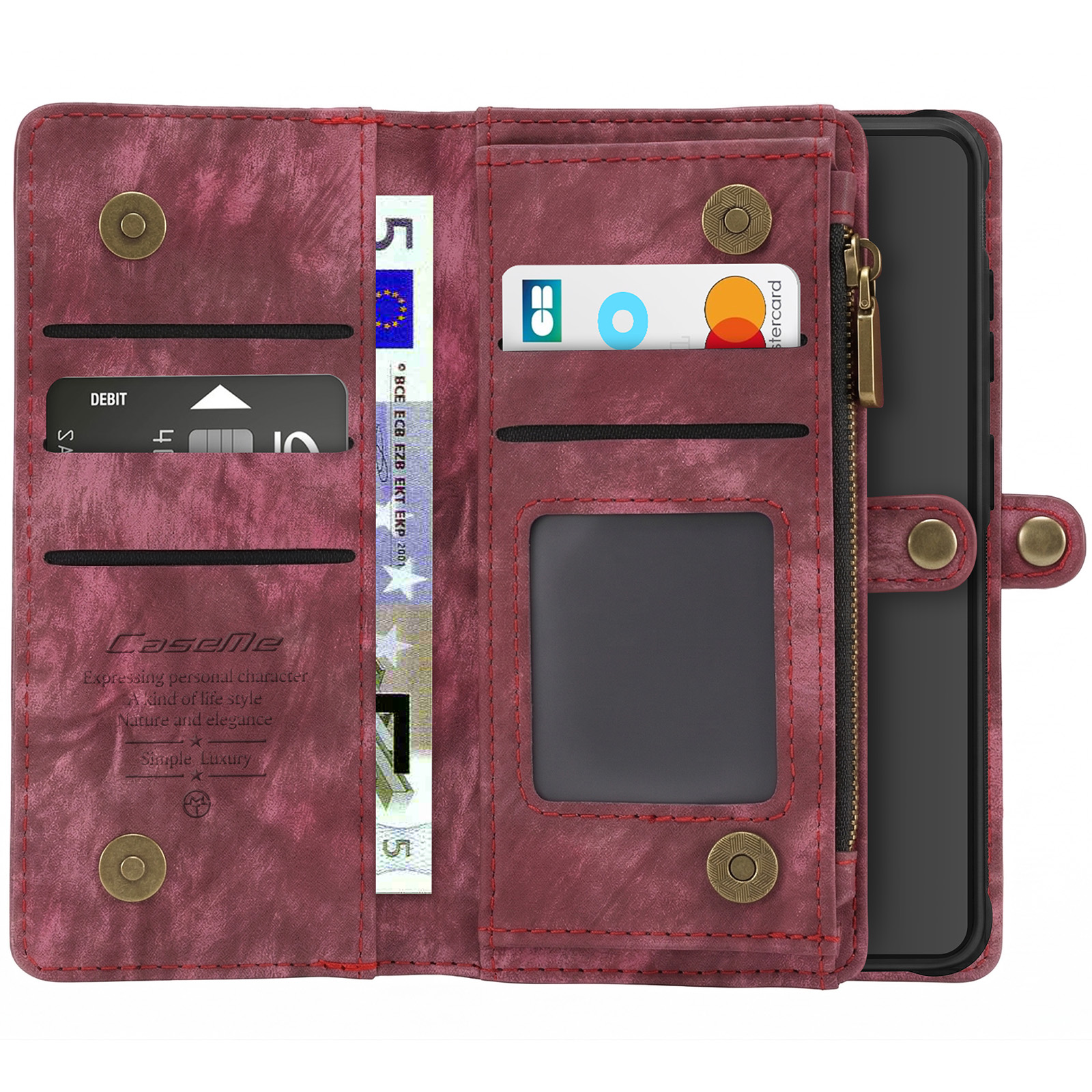 Rote Brieftaschenhülle mit Kartenfächern, Geldscheinfach und Handyfach.